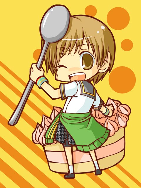 beniimo (donngame), donngame, satonaka chie, atlus, persona, persona 4, 1girl, brown eyes, brown hair, cake, chibi, female focus, food, holding, holding spoon, jacket, one eye closed, oversized object, pastry, school uniform, short hair, skirt, smile, solo, spoon, tomboy, wink