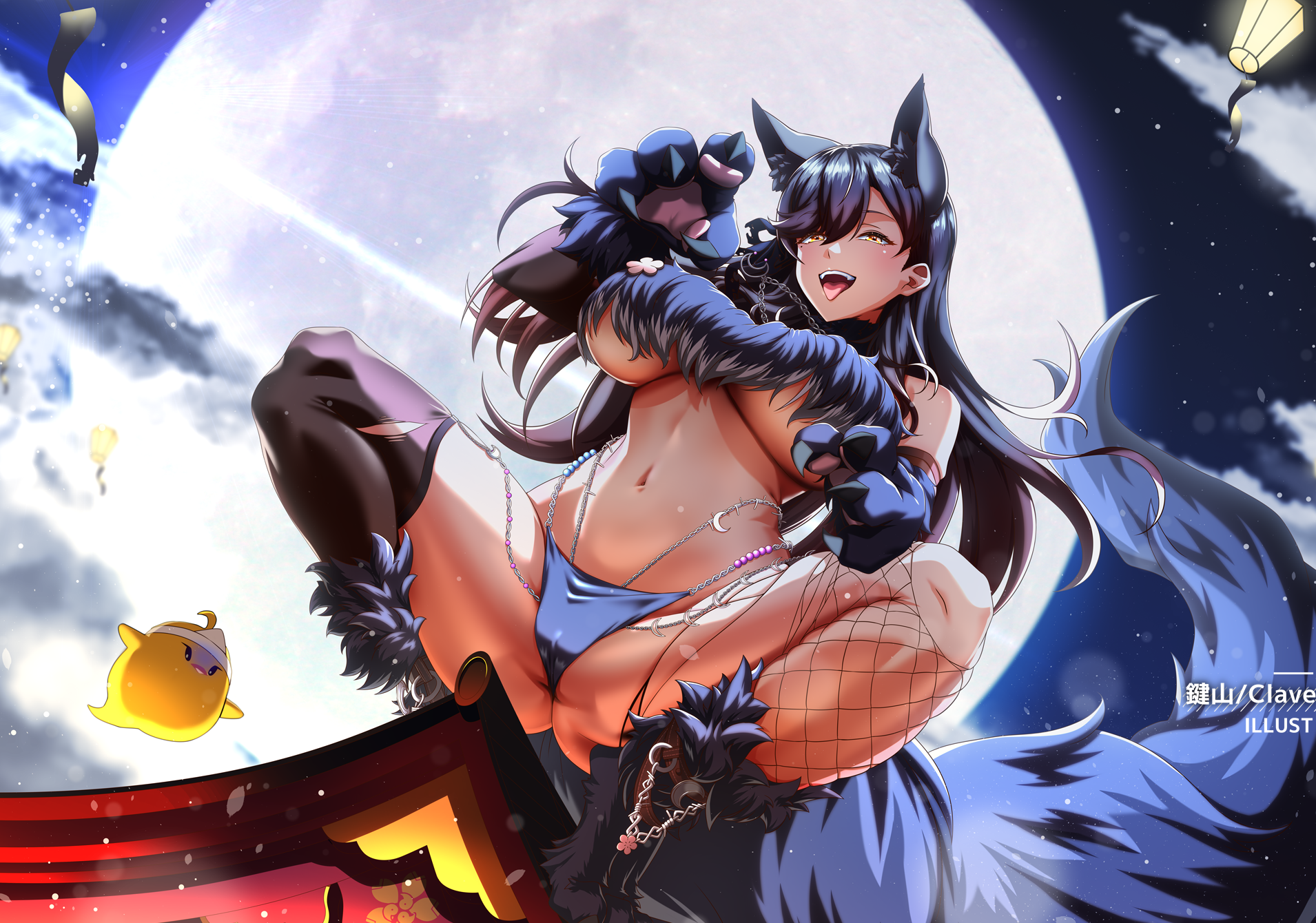 kagiyama (clave), atago (azur lane), atago (full moon's feral wolf) (azur lane), manjuu (azur lane), azur lane, commentary request, highres, official art, 1girl, animal ears, animal hands, architecture, black hair, breasts, day, dog ears, east asian architecture, fishnet thighhighs, fishnets, full moon, fur bikini, gloves, large breasts, loading screen, looking at viewer, mismatched thighhighs, mole, mole under eye, moon, navel, official alternate costume, open mouth, outdoors, paw gloves, paw shoes, single fishnet legwear, solo, spread legs, squatting, thighhighs, tongue, tongue out, torn clothes, torn thighhighs, werewolf costume, yellow eyes
