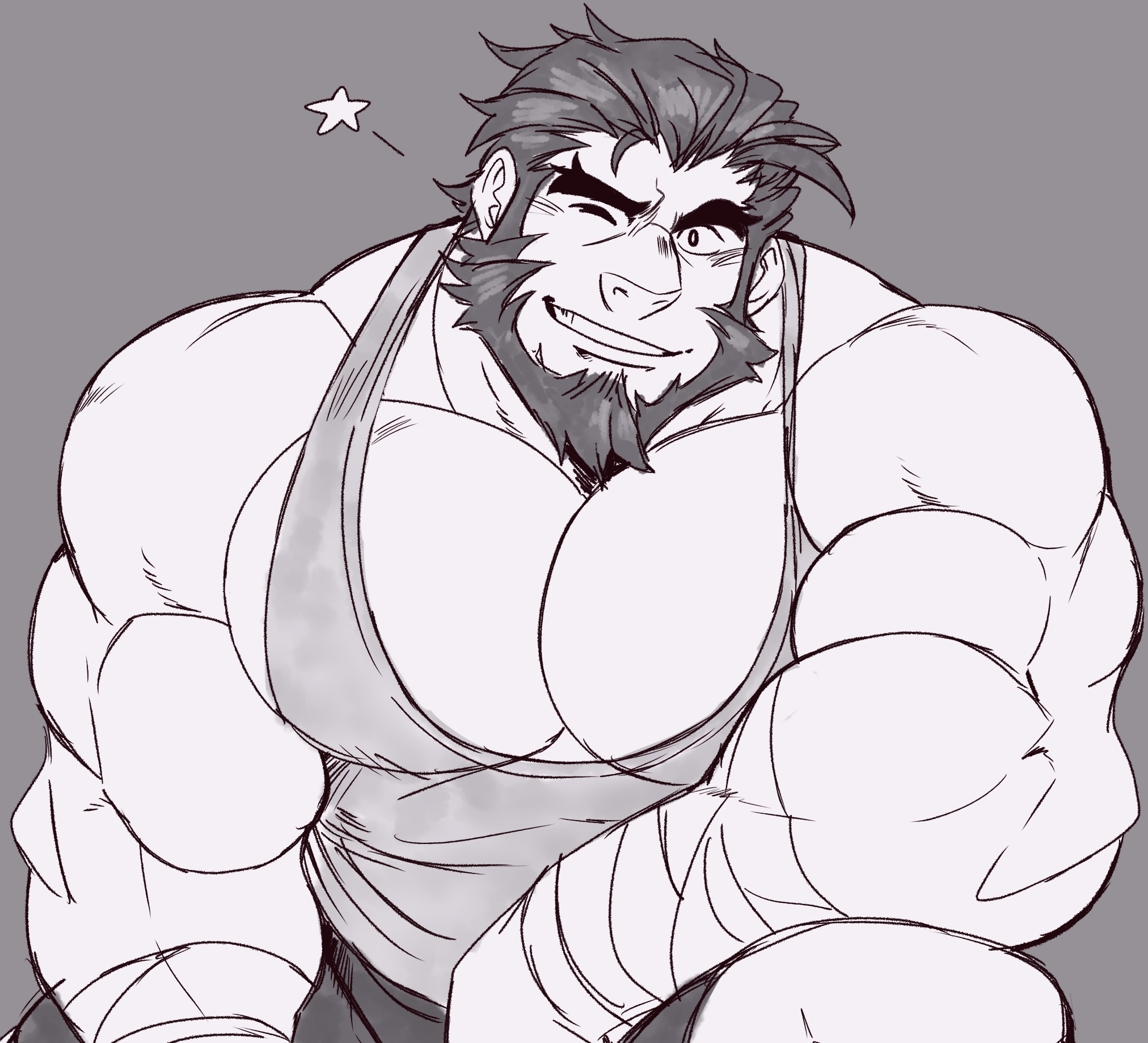juggermelon, garcia (fire emblem), fire emblem, fire emblem: the sacred stones, nintendo, commentary, english commentary, highres, 1boy, bara, beard, facial hair, greyscale, large pectorals, looking at viewer, male focus, monochrome, muscular, muscular male, one eye closed, pectoral cleavage, pectorals, short hair, simple background, solo, tank top, thick arms