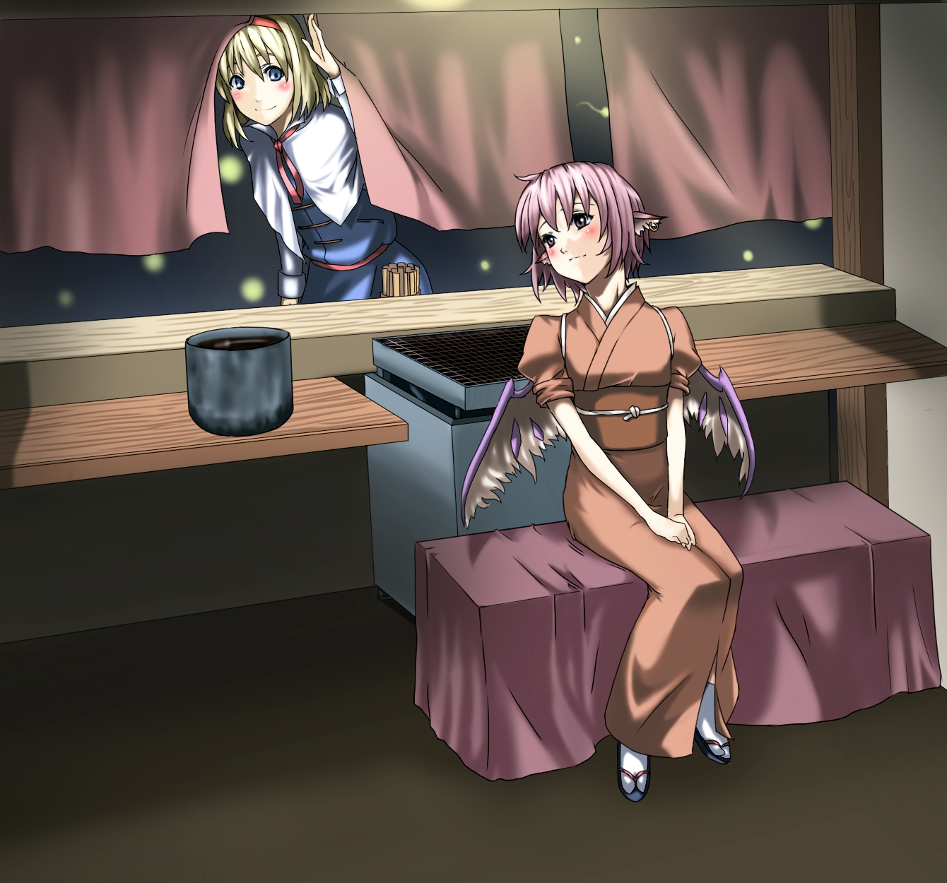 haruichi (komikal), alice margatroid, mystia lorelei, okamisty, touhou, highres, 2girls, blonde hair, blue eyes, blush, chopsticks, female focus, food stand, headband, japanese clothes, kimono, multiple girls, purple eyes, purple hair, red headband, sandals, wings, zouri