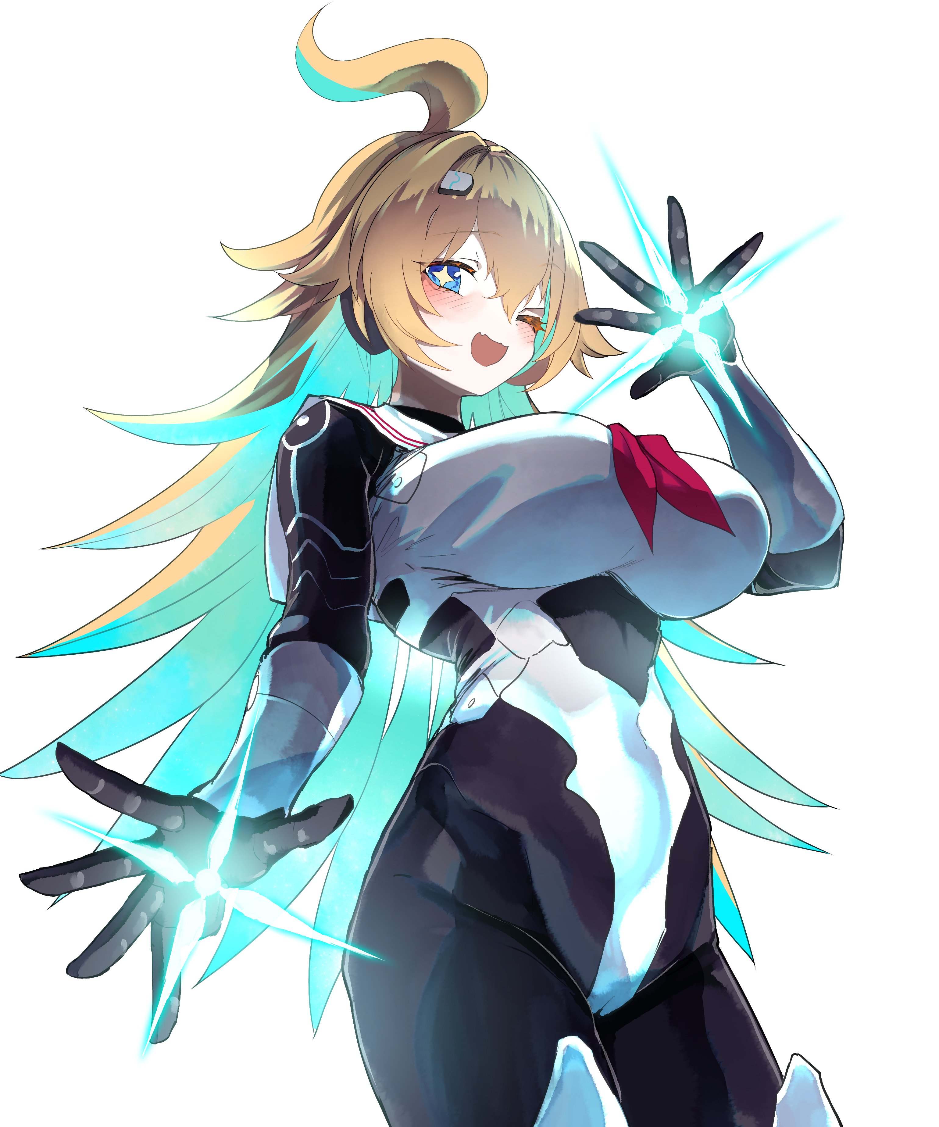 shigurio, ralmia (shadowverse), shadowverse, shadowverse: worlds beyond, absurdres, commentary request, highres, 1girl, blonde hair, blue eyes, breasts, green hair, hair between eyes, large breasts, mechanical arms, mechanical hands, mechanical legs, multicolored hair, navel, one eye closed, robot girl, simple background, solo, two-tone hair, white background