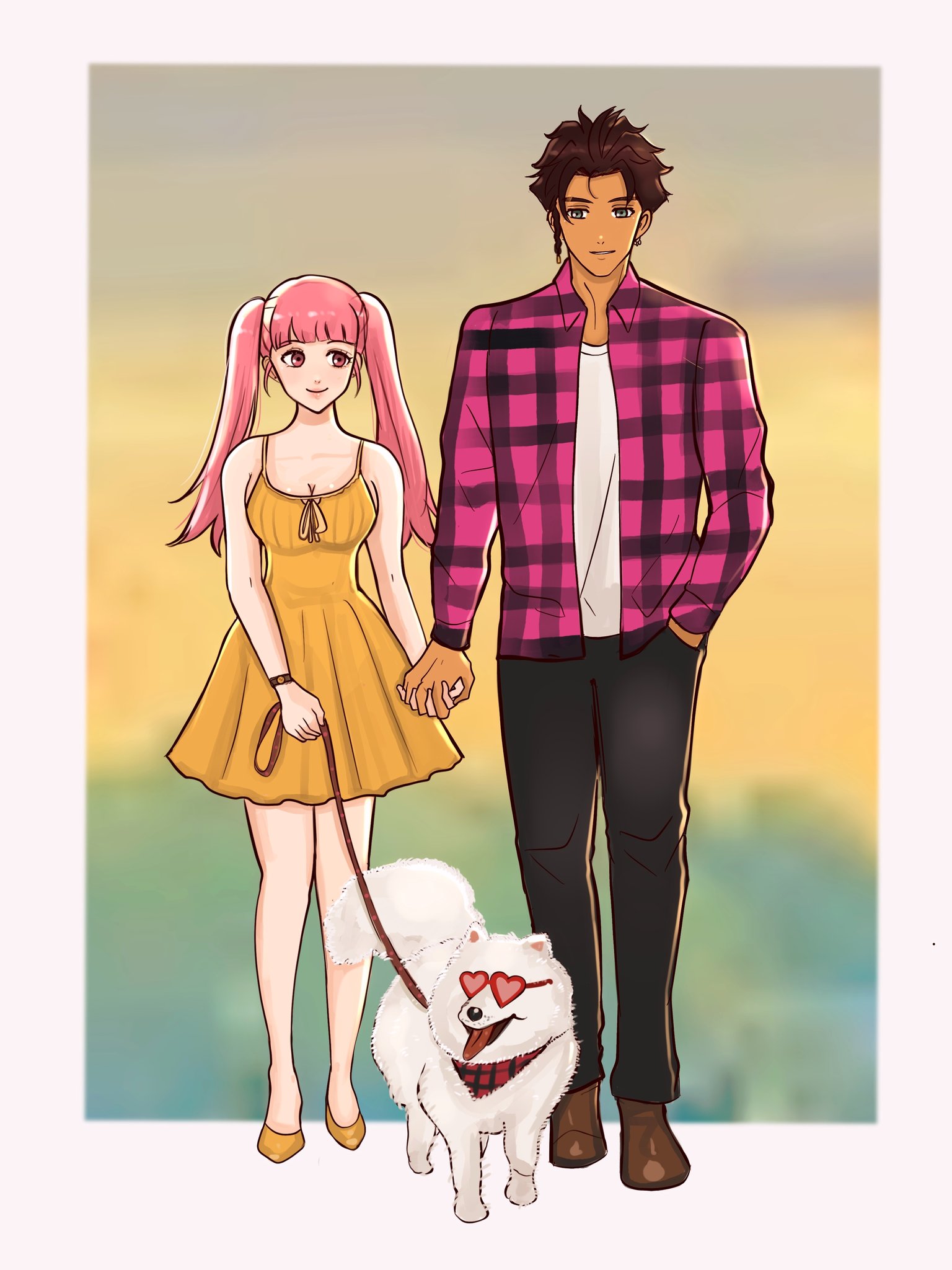 hunnymzdraws, claude von riegan, hilda valentine goneril, fire emblem, fire emblem: three houses, nintendo, highres, brown hair, dog, green eyes, holding hands, pink eyes, pink hair
