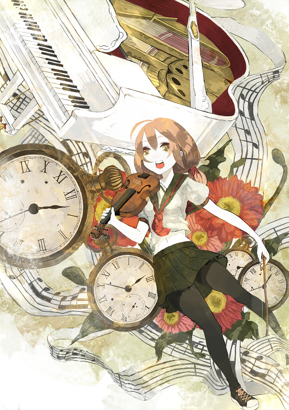kunimura hakushi, original, bad id, bad pixiv id, brown eyes, brown hair, flower, grand piano, instrument, legs, long hair, midriff, musical note, pantyhose, piano, pocket watch, school uniform, serafuku, shoes, skirt, sneakers, solo, violin, watch