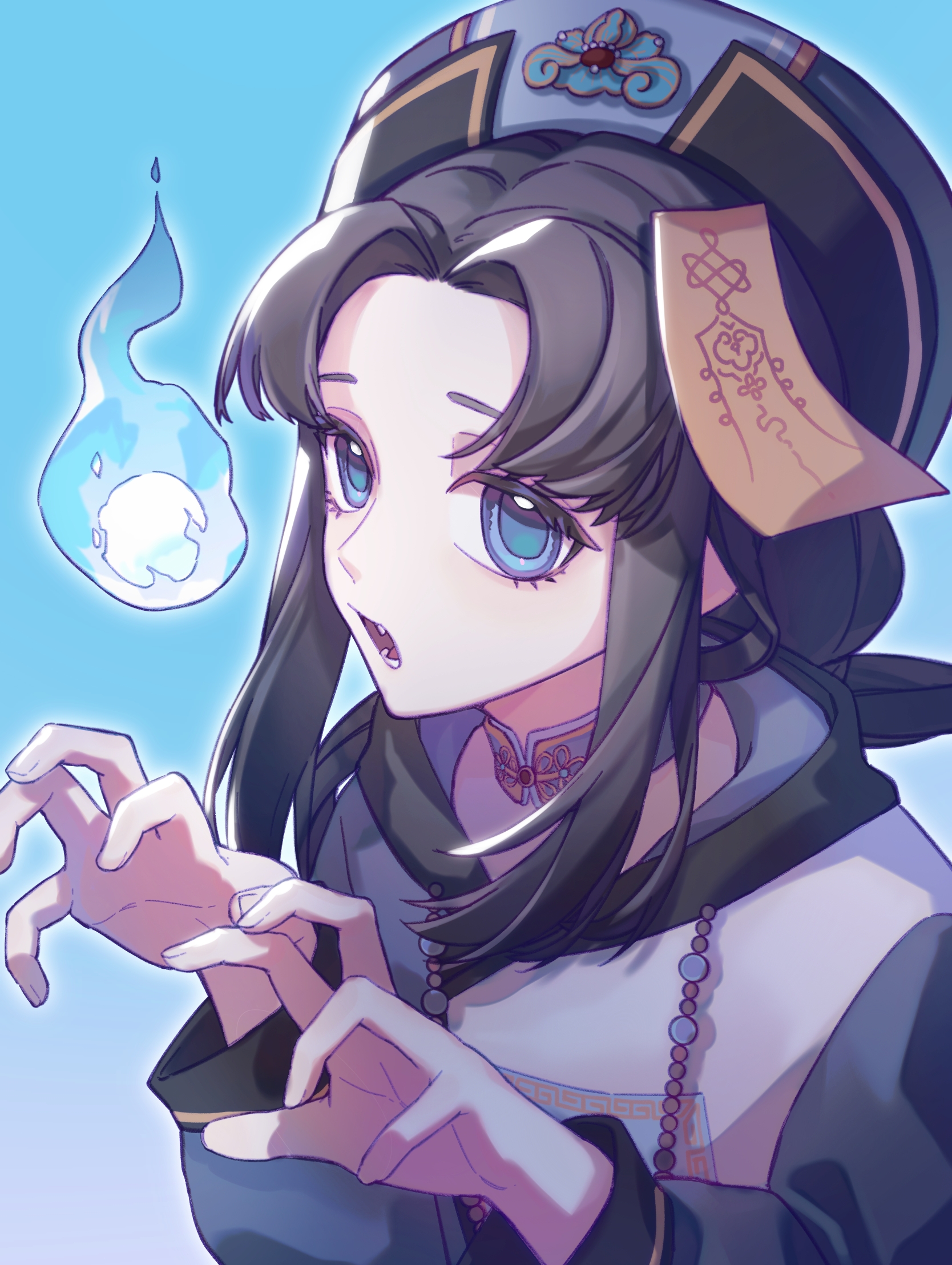 infinity nikki, nikki (series), chinese commentary, commentary request, highres, 1girl, bead necklace, beads, black hair, black hat, blue background, blue collar, blue eyes, blue hat, blue sleeves, chinese clothes, claw pose, collar, detached collar, eyelashes, fang, fingernails, goat (yangjun048), hanfu, hat, hitodama, jewelry, jiangshi, light blush, long hair, long sleeves, looking at viewer, low twintails, lower teeth only, mandarin collar, necklace, nighttime whisper (infinity nikki), ofuda, ofuda on head, outline, palms, parted bangs, pointy nose, prayer beads, puffy long sleeves, puffy sleeves, qingdai guanmao, sidelocks, solo, teeth, twintails, two-tone hat, upper body, white hanfu, white outline