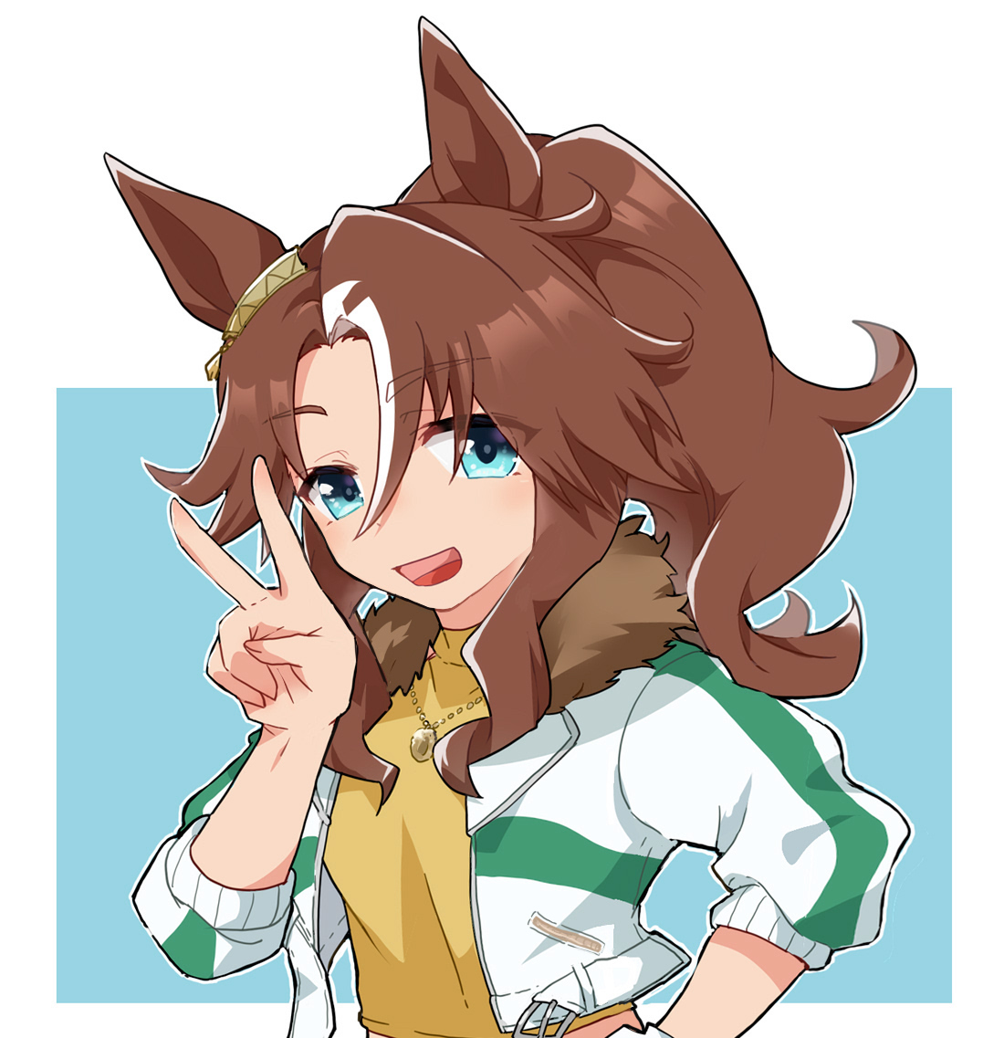 beer hsk, mejiro palmer (umamusume), umamusume, commentary request, 1girl, :d, blue background, blue eyes, brown hair, cropped jacket, hair between eyes, hand up, jacket, long hair, long sleeves, looking at viewer, multicolored hair, open clothes, open jacket, open mouth, parted bangs, ponytail, puffy long sleeves, puffy sleeves, shirt, smile, solo, streaked hair, two-tone background, upper body, very long hair, white background, white hair, white jacket, yellow shirt