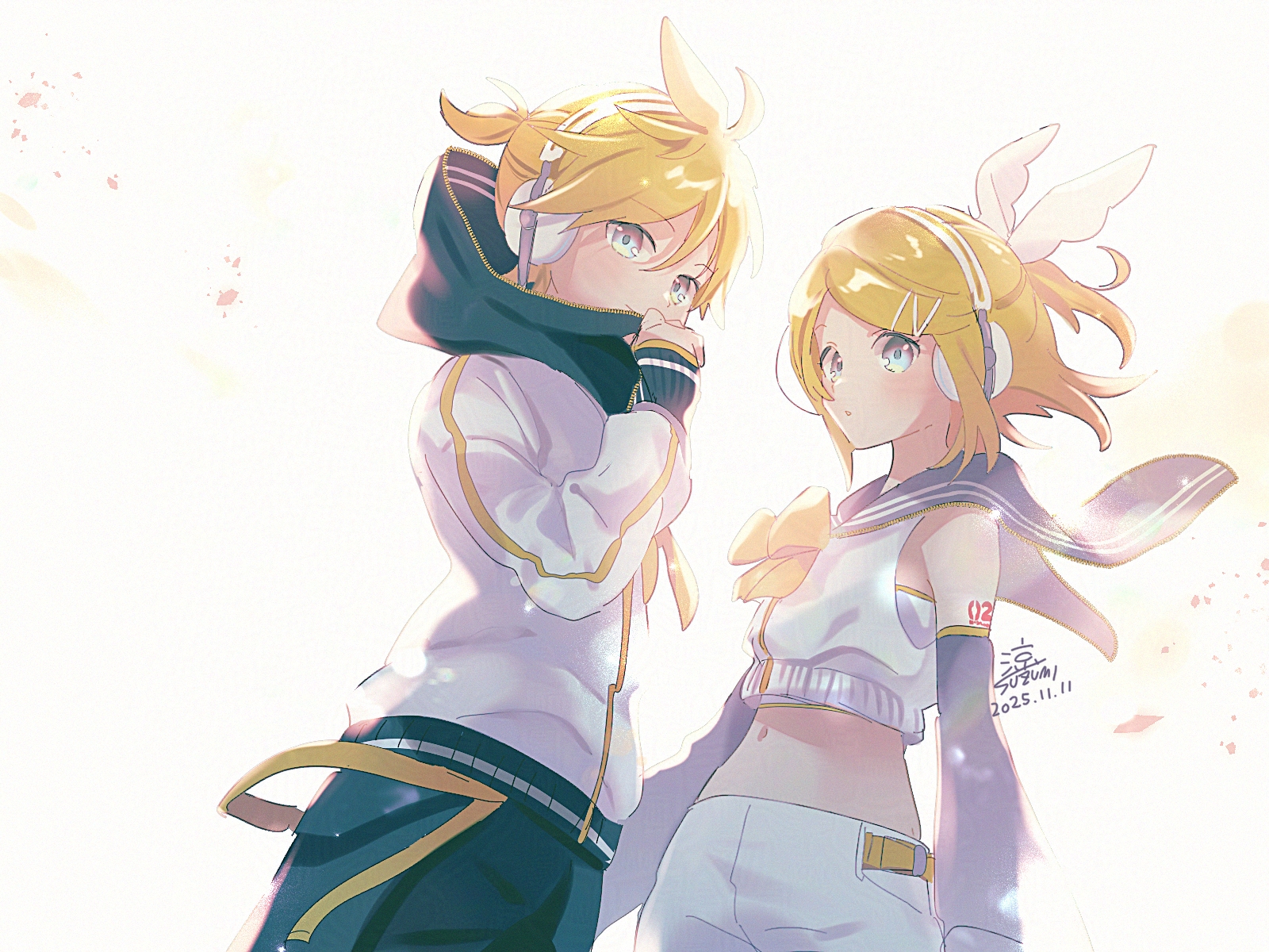 suzumi (fallxalice), kagamine len, kagamine len (nt), kagamine rin, kagamine rin (nt), vocaloid, commentary, english commentary, highres, 1boy, 1girl, 2025, ahoge, aqua eyes, backlighting, belt, black hood, blonde hair, bow, bowtie, curious, dated, detached sleeves, grey sailor collar, grey sleeves, hair bow, hair ornament, hairclip, half updo, headphones, hood, hoodie, looking at viewer, midriff, navel, open mouth, ponytail, ribbed gloves, sailor collar, sailor jacket, shirt, short hair, short ponytail, shorts, sideways glance, signature, sleeveless, sleeveless shirt, smile, white bow, white hoodie, white shirt, white shorts, wing-shaped bow, yellow belt, yellow bow, yellow bowtie, z hair ornament, zipper