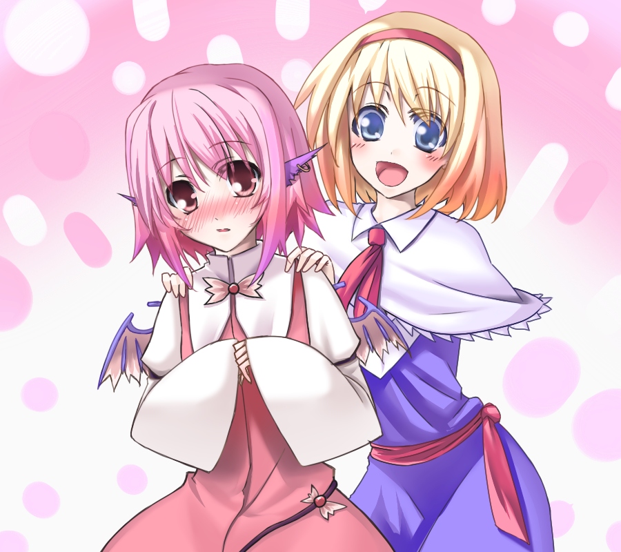 haruichi (komikal), alice margatroid, mystia lorelei, touhou, hands on shoulders, 2girls, :d, animal ears, blonde hair, blue eyes, blush, earrings, female focus, hairband, jewelry, multiple girls, no headwear, open mouth, pink eyes, pink hair, short hair, shy, smile, wings