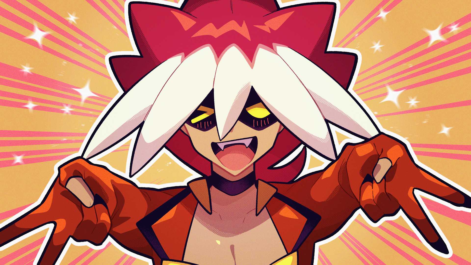 ryuki (pokemon), nintendo, pokemon, pokemon sm, commentary request, highres, 1boy, collarbone, double v, fangs, fumafuma735, light blush, male focus, one eye closed, open mouth, outline, red hair, solo, sparkle, upper body, v, white outline