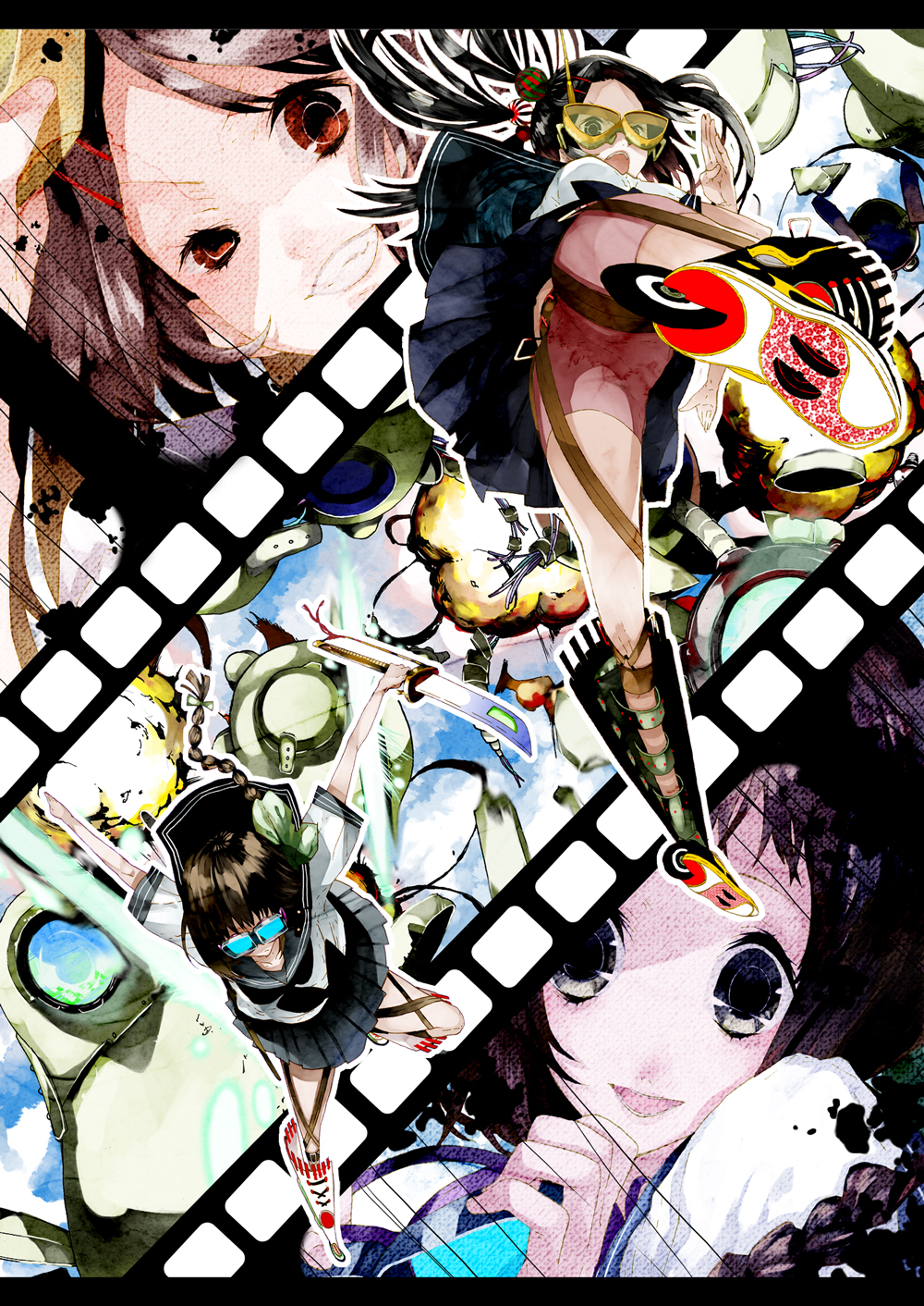 mercre, bad id, bad pixiv id, highres, 2girls, ass, goggles, inline skates, multiple girls, roller skates, school uniform, skates, thighhighs