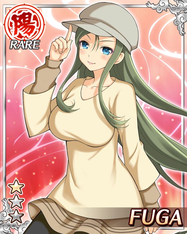 fuga (senran kagura), senran kagura, senran kagura new wave, game cg, official art, 1girl, adjusting clothes, adjusting headwear, black pantyhose, blue eyes, border, breasts, brown sweater, card (medium), character name, closed mouth, english text, green hair, grey hat, hat, large breasts, long hair, looking at viewer, mole, mole under eye, newsboy cap, official alternate costume, pantyhose, shirt, smile, solo, sweater, swept bangs, yellow shirt