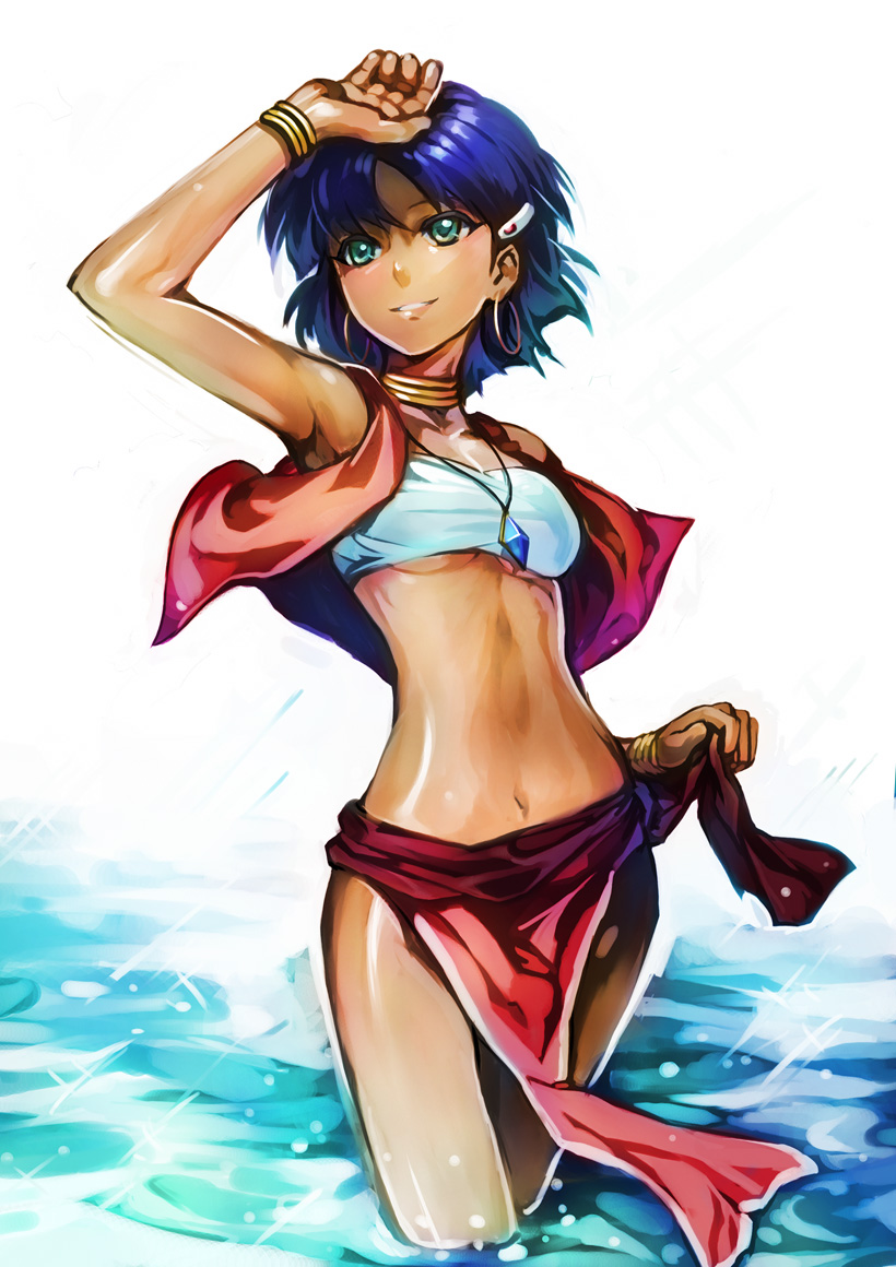 ryuutetsu, nadia la arwall, fushigi no umi no nadia, 1990s (style), 1girl, armpits, bandeau, blue hair, bob cut, dark-skinned female, dark skin, earrings, female focus, green eyes, jewelry, loincloth, midriff, ocean, retro artstyle, short hair, solo, strapless, swimsuit, tube top, vest, water