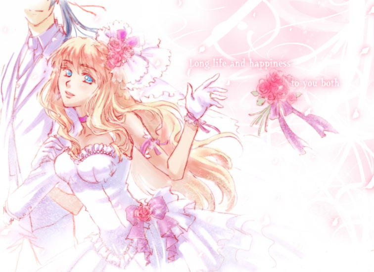 kunimoto ori, saotome alto, sheryl nome, macross, macross frontier, bad id, bad pixiv id, 00s, 1boy, 1girl, blonde hair, blue eyes, blue hair, bow, bride, choker, corsage, couple, curly hair, dress, flower, gloves, hetero, jewelry, long hair, necktie, ponytail, ribbon, smile, wedding dress, white gloves