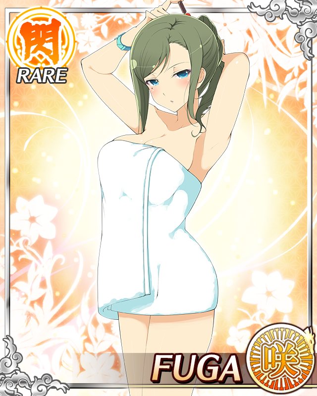fuga (senran kagura), senran kagura, senran kagura new wave, game cg, official art, 1girl, armpits, arms up, blue eyes, border, breasts, card (medium), character name, cleavage, closed mouth, dot mouth, english text, folded ponytail, green hair, half-closed eyes, large breasts, long hair, looking at viewer, mole, mole under eye, naked towel, official alternate costume, official alternate hairstyle, solo, swept bangs, towel