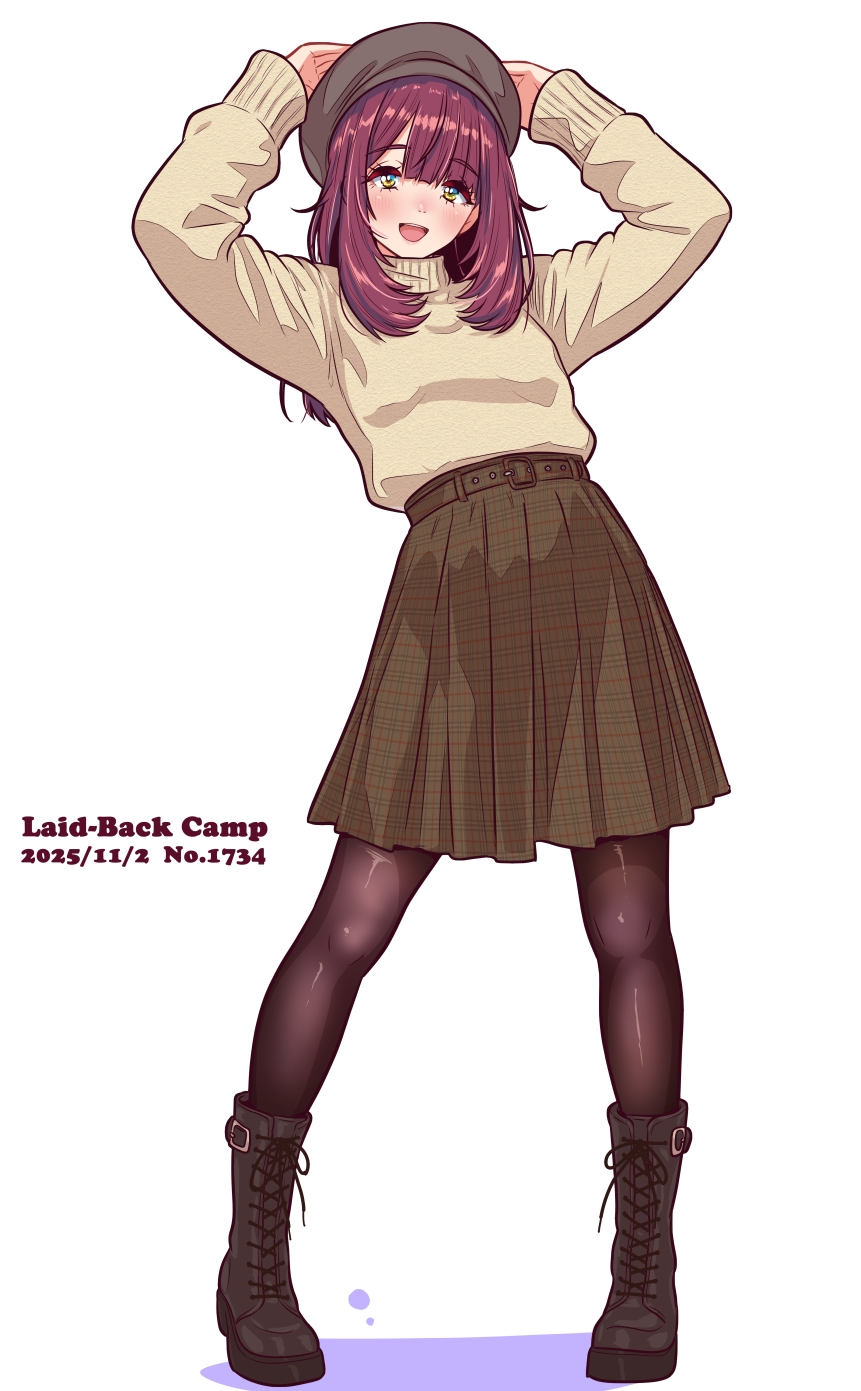 jagi (jagi souken), toki ayano, yurucamp, commentary request, highres, 1girl, asymmetrical bangs, beret, black boots, black pantyhose, blunt bangs, boots, brown hair, brown skirt, brown sweater, copyright name, dated, full body, grey hat, hands on own head, hat, long hair, long sleeves, looking at viewer, numbered, open mouth, pantyhose, plaid clothes, plaid skirt, pleated skirt, simple background, skirt, smile, solo, sweater, turtleneck, turtleneck sweater, white background, yellow eyes