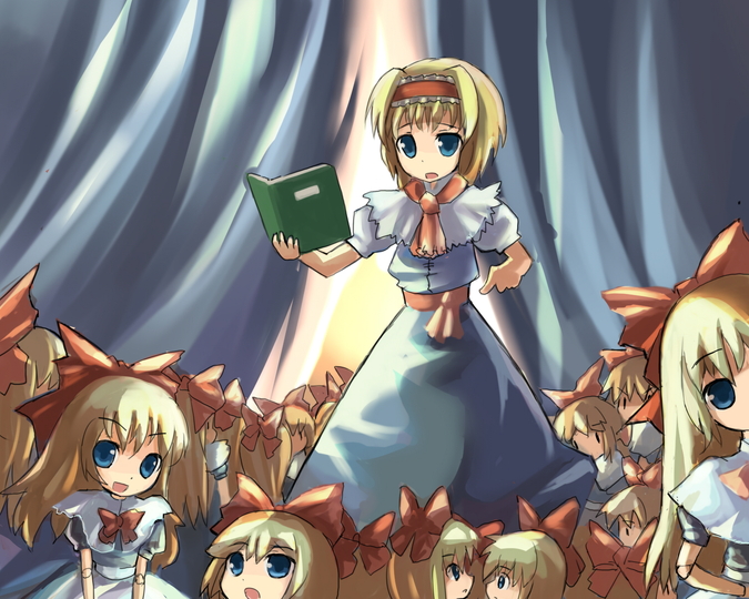 hakkotsu shitai, alice margatroid, shanghai doll, touhou, 6+girls, blonde hair, blue eyes, book, clone, doll, female focus, hairband, long hair, multiple girls, short hair, solo, standing