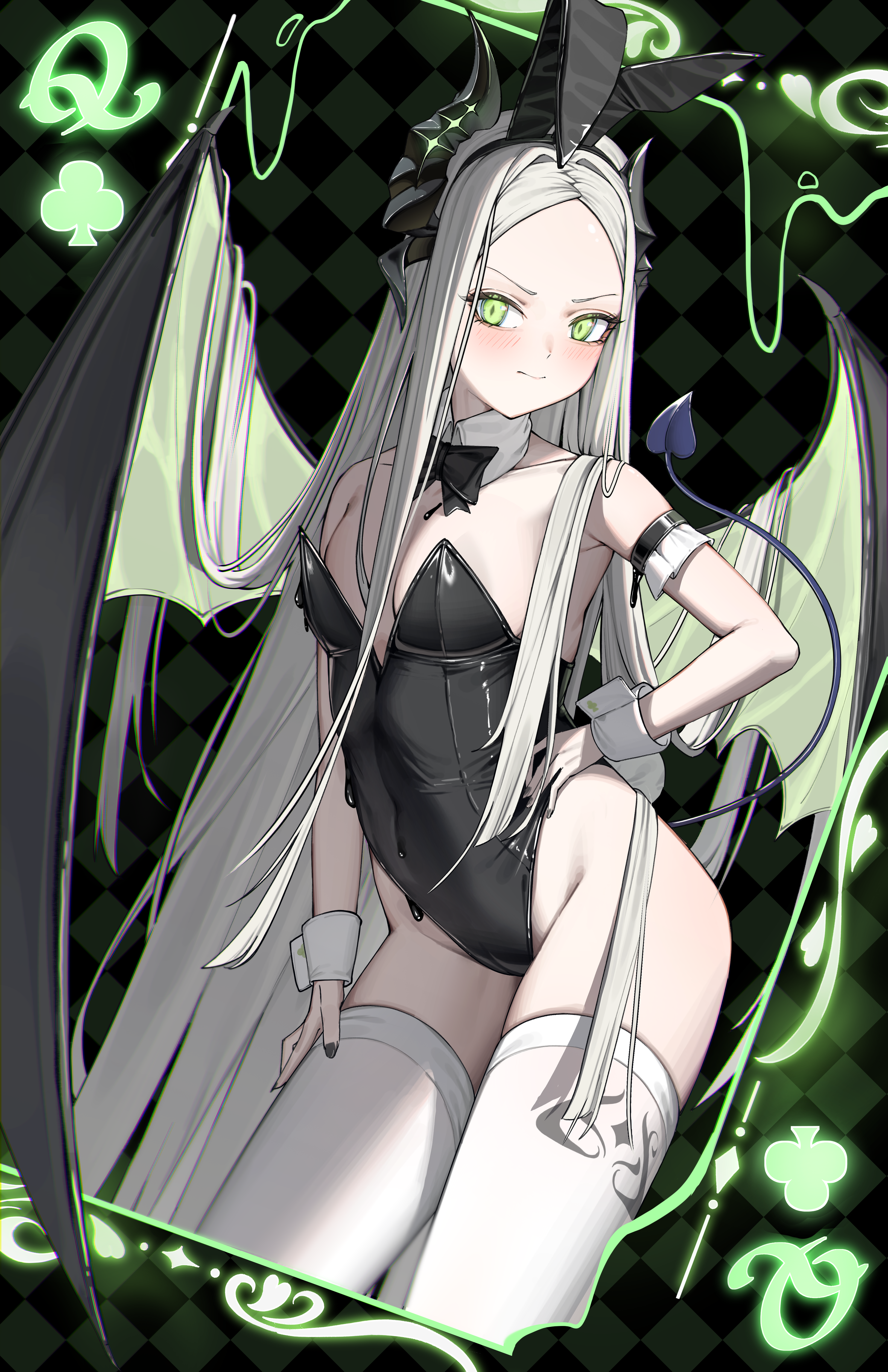 ko uniii, leviathan (nikke), goddess of victory: nikke, absurdres, commentary, highres, 1girl, alternate costume, animal ear hairband, animal ears, arm strap, bare shoulders, black bow, black bowtie, black horns, black leotard, black liquid, black nails, blush, bow, bowtie, breasts, cleavage, closed mouth, collarbone, covered navel, cowboy shot, demon girl, demon tail, detached collar, fake animal ears, forehead, green eyes, grey hair, groin, hairband, hand on own hip, hand on own thigh, highleg, highleg leotard, horns, leotard, liquid clothes, long hair, parted bangs, playboy bunny, rabbit ear hairband, rabbit ears, skindentation, small breasts, solo, standing, strapless, strapless leotard, tail, thighhighs, very long hair, white thighhighs, white wrist cuffs, wrist cuffs