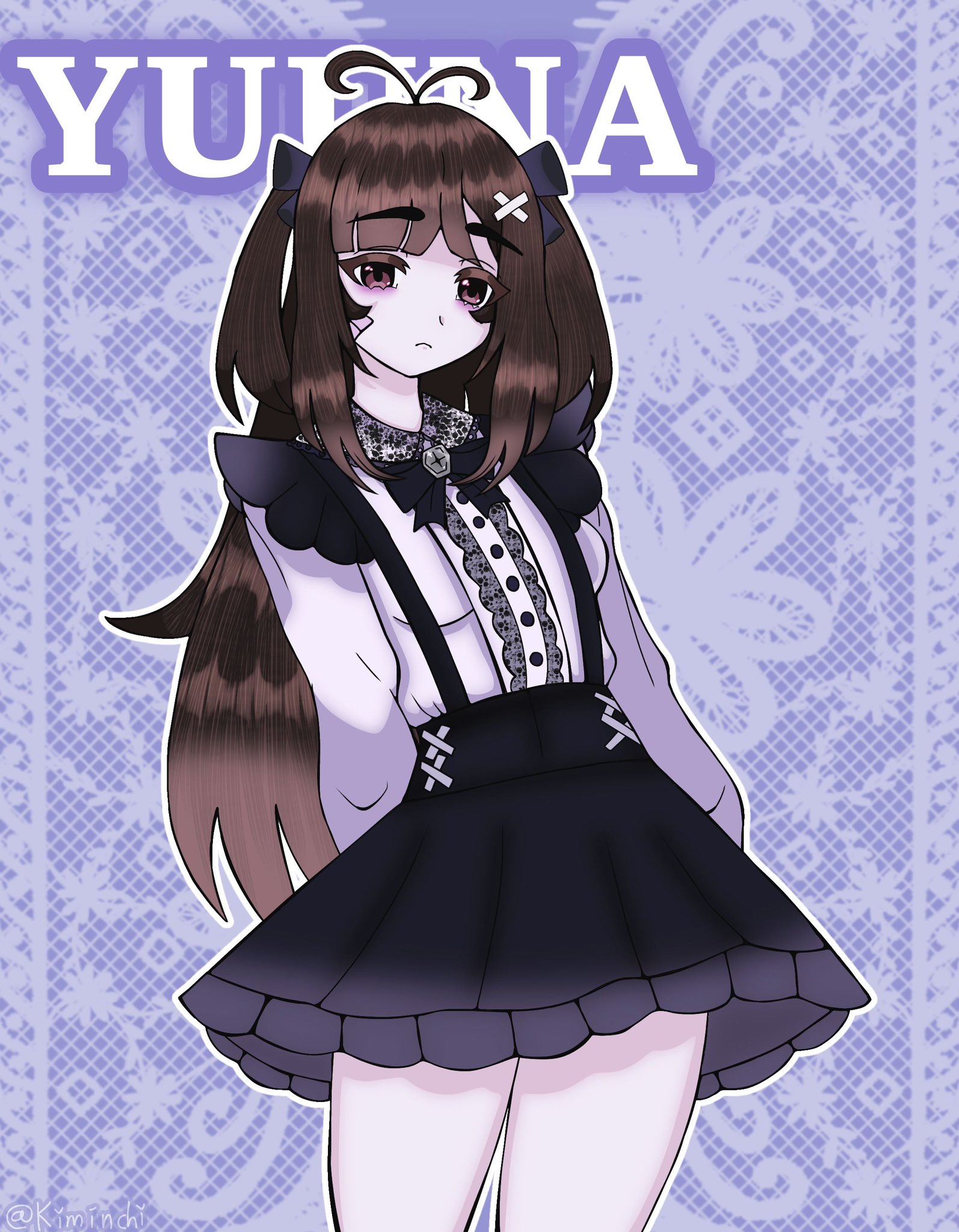 kiminchiiii, yuuna (love angel syndrome), love angel syndrome, 1girl, antenna hair, blue background, bow, breasts, buttons, character name, closed mouth, colored eyelashes, expressionless, frown, hair bow, hair ornament, jirai kei, long hair, looking at viewer, outline, patterned background, purple bow, purple skirt, skirt, small breasts, solo, twitter username, very long hair, watermark, white outline, x hair ornament