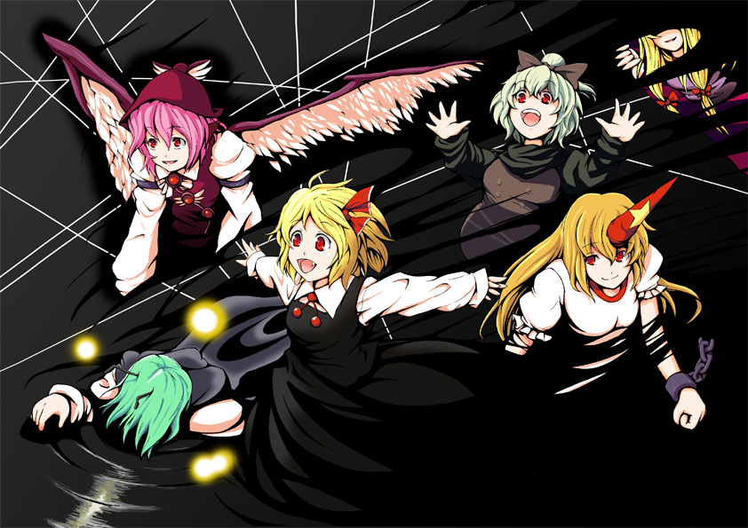 tsuttsu, hoshiguma yuugi, kurodani yamame, mystia lorelei, rumia, wriggle nightbug, yakumo yukari, touhou, bad id, bad pixiv id, 6+girls, animal ears, antennae, blonde hair, bug, cape, darkness, female focus, fireflies, firefly, green hair, hair ribbon, hat, horns, insect, long hair, multiple girls, pink hair, pointy ears, red eyes, ribbon, short hair, single horn, wings