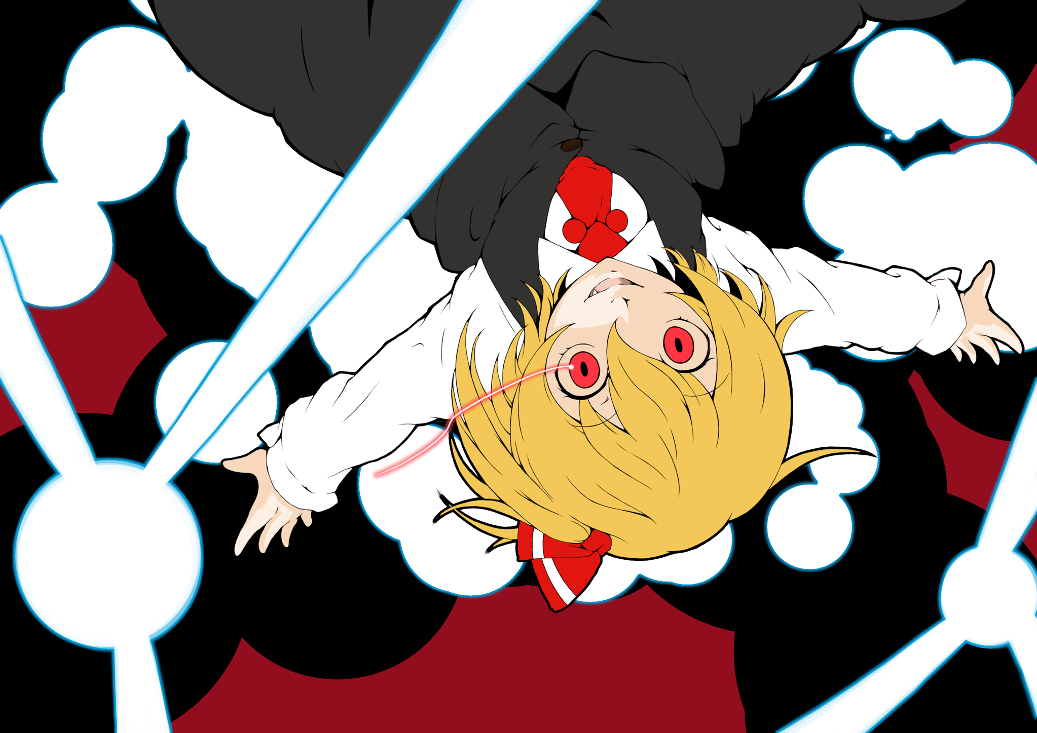 tsuttsu, rumia, embodiment of scarlet devil, touhou, bad id, bad pixiv id, highres, 1girl, blonde hair, danmaku, fang, female focus, laser, red eyes, smile, solo