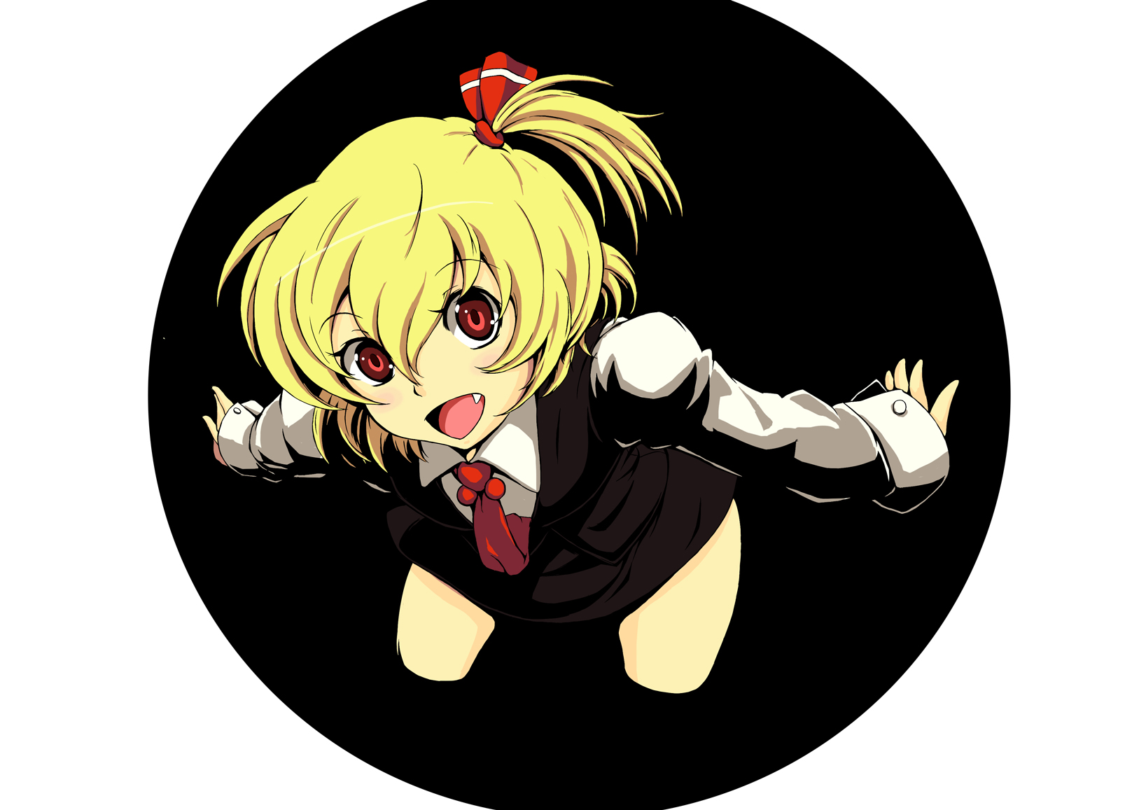 tsuttsu, rumia, embodiment of scarlet devil, touhou, bad id, bad pixiv id, highres, 1girl, blonde hair, fang, female focus, hair ribbon, necktie, red eyes, ribbon, short hair, solo