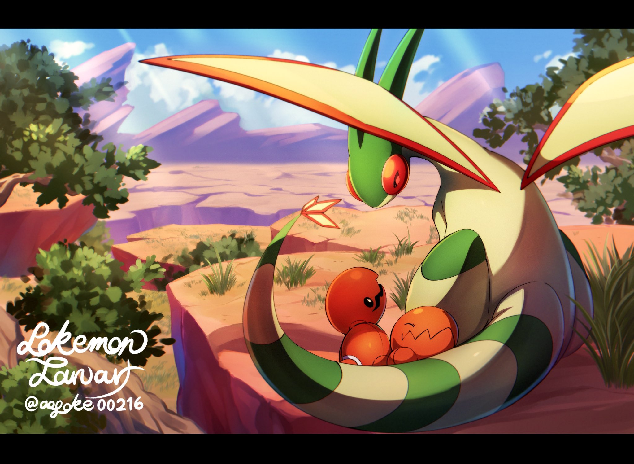 aobi 3814, flygon, trapinch, nintendo, pokemon, commentary, highres, symbol-only commentary, canyon, closed mouth, colored skin, english text, evolutionary line, from behind, gen 3 pokemon, grass, green skin, looking at another, no humans, open mouth, orange skin, outdoors, pokemon (creature), pokemon focus, tail, tree, twitter username, wings