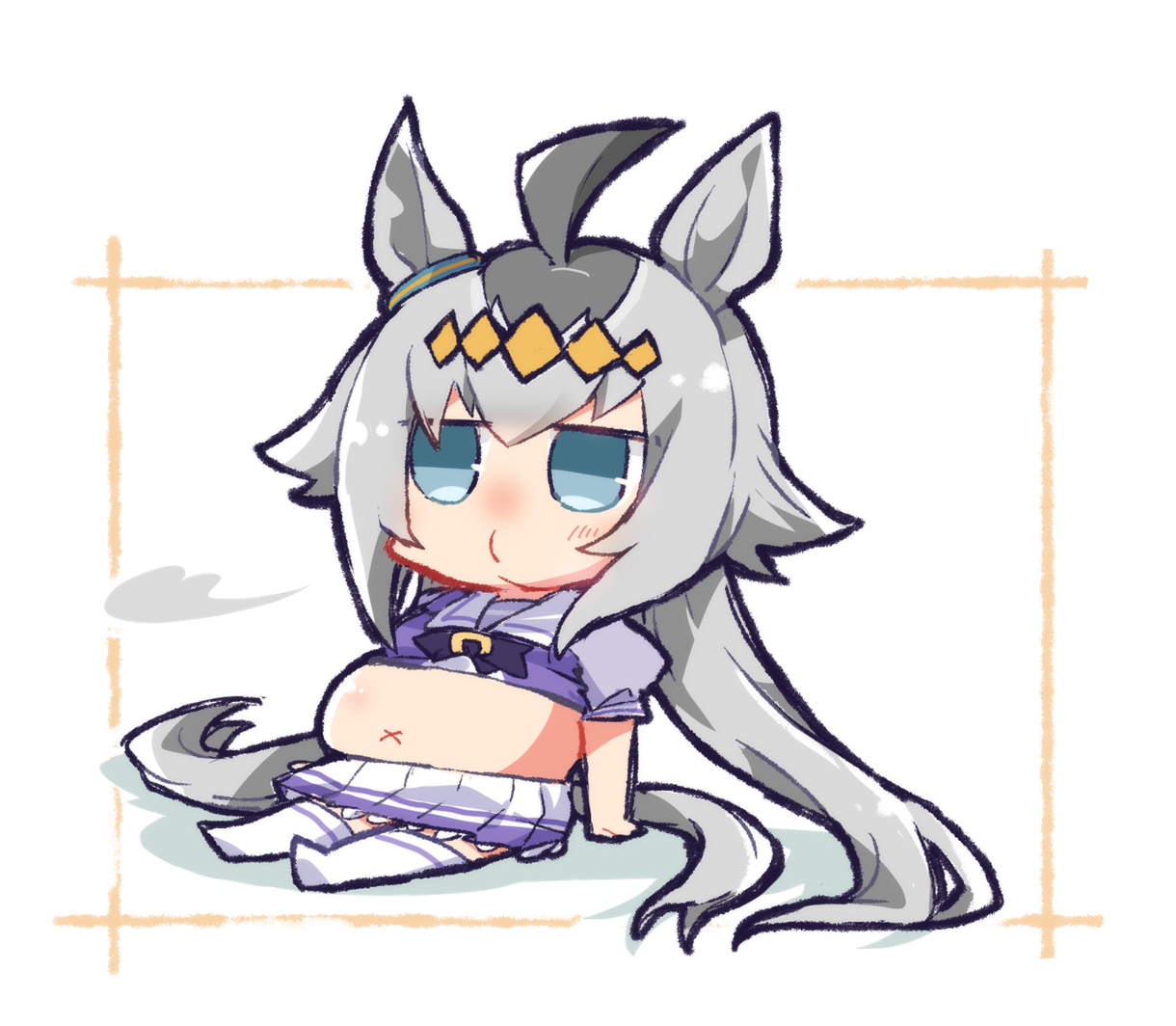 beer hsk, oguri cap (umamusume), umamusume, commentary request, 1girl, ahoge, animal ears, big belly, blue eyes, blush, bow, chibi, full body, grey hair, hair between eyes, horse ears, horse girl, horse tail, long hair, multicolored hair, no shoes, pleated skirt, puffy short sleeves, puffy sleeves, purple bow, purple shirt, school uniform, shirt, short sleeves, sitting, skirt, solo, tail, thighhighs, tracen school uniform, two-tone hair, very long hair, white background, white skirt, white thighhighs, x navel