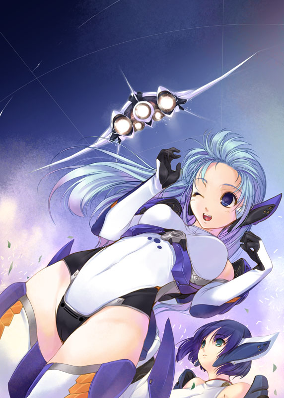 kirishima satoshi, original, bad id, bad pixiv id, 2girls, blue eyes, blue hair, bodysuit, elbow gloves, gloves, leotard, long hair, multiple girls, one eye closed, spacecraft, starfighter, thighhighs