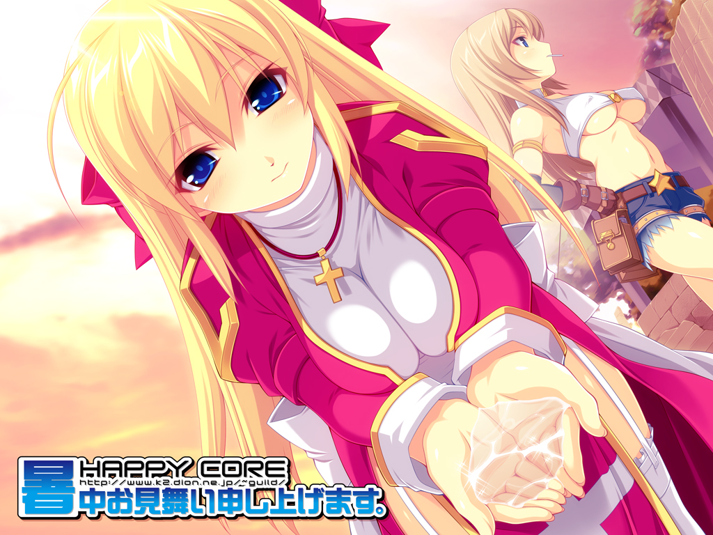 kinoshita ichi, high priest (ragnarok online), whitesmith (ragnarok online), ragnarok online, white legwear, 2girls, armlet, bare shoulders, belt, blonde hair, blue eyes, blush, breasts, crop top, cross, cupping hands, denim, denim shorts, dress, dutch angle, elbow gloves, garter straps, gloves, hairband, hand on own hip, holding, jewelry, large breasts, long hair, looking at viewer, multiple girls, navel, outdoors, own hands together, pelvic curtain, pouch, profile, shorts, smile, smoke, standing, sunset, thighhighs, underboob, water, watermark, web address