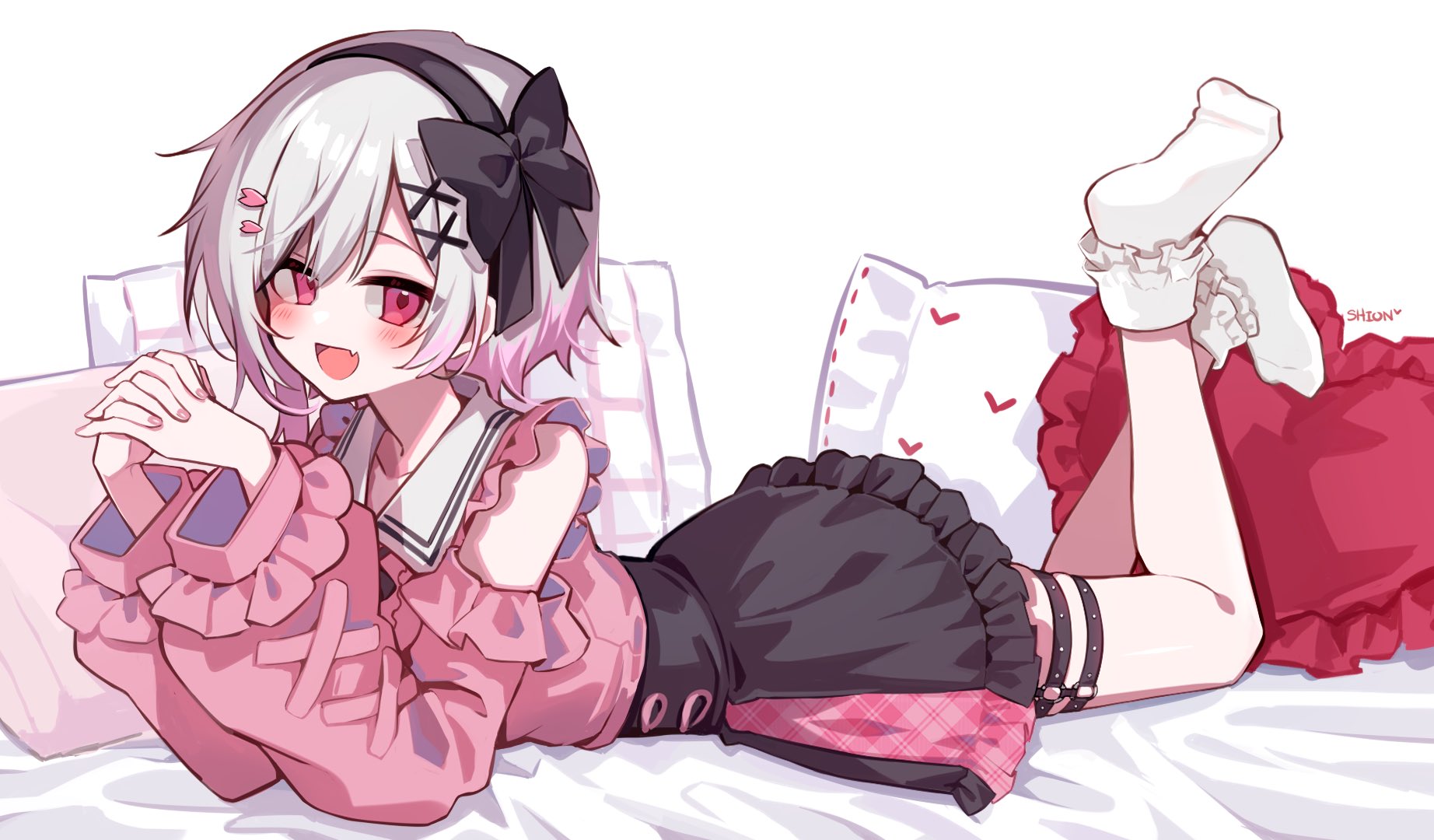 shion (yuyu3113), sakuraba ema, mahou shoujo no majo saiban, commentary, highres, symbol-only commentary, 1girl, bare shoulders, black hairband, black skirt, gradient hair, grey hair, hairband, looking at viewer, medium hair, multicolored hair, pink hair, pink shirt, shirt, skirt, socks, solo, thigh strap, thighs, two-tone hair, white background, white socks
