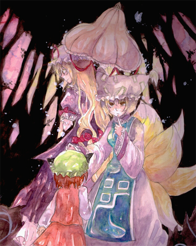 kashi ori, vrain, chen, yakumo ran, yakumo yukari, touhou, bad id, bad pixiv id, painting (medium), traditional media, watercolor (medium), 3girls, animal ears, animal hat, blonde hair, brown hair, cat ears, cat girl, cat tail, female focus, fox ears, fox tail, hat, hat ribbon, long hair, long sleeves, mob cap, multiple girls, multiple tails, puffy short sleeves, puffy sleeves, ribbon, short hair, short sleeves, tail, tassel, wide sleeves