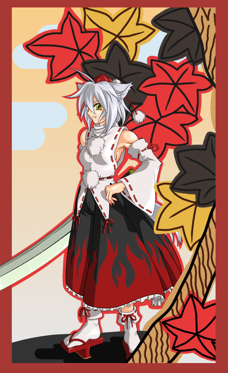 chimu, inubashiri momiji, touhou, highres, 1girl, animal ears, detached sleeves, female focus, geta, hat, short hair, socks, solo, sword, tail, tengu-geta, tokin hat, weapon, white hair, wolf ears, wolf tail, yellow eyes