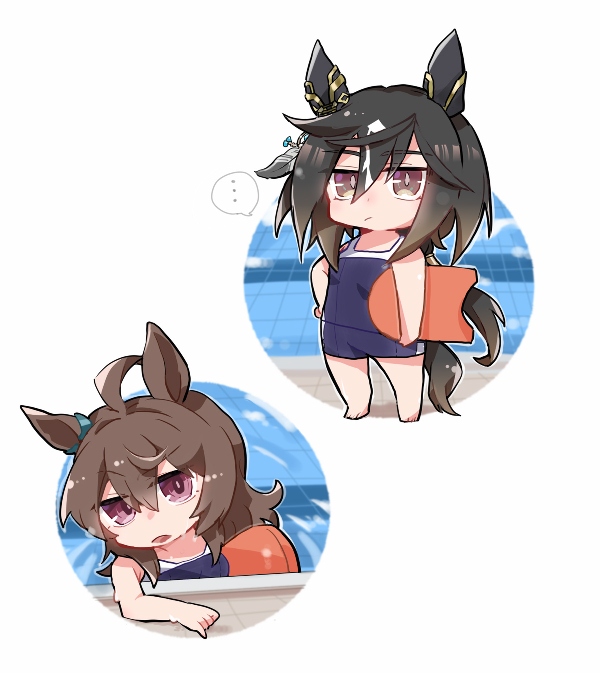 beer hsk, nakayama festa (umamusume), stay gold (umamusume), umamusume, commentary request, highres, …, 2girls, ahoge, animal ears, bare arms, bare shoulders, barefoot, black hair, blue one-piece swimsuit, brown eyes, brown hair, carrying, carrying under arm, chibi, hair between eyes, horse ears, horse girl, horse tail, kickboard, long hair, low ponytail, multicolored hair, multiple girls, one-piece swimsuit, ponytail, pool, purple eyes, spoken ellipsis, standing, streaked hair, swimsuit, tail, very long hair, water, white background, white hair