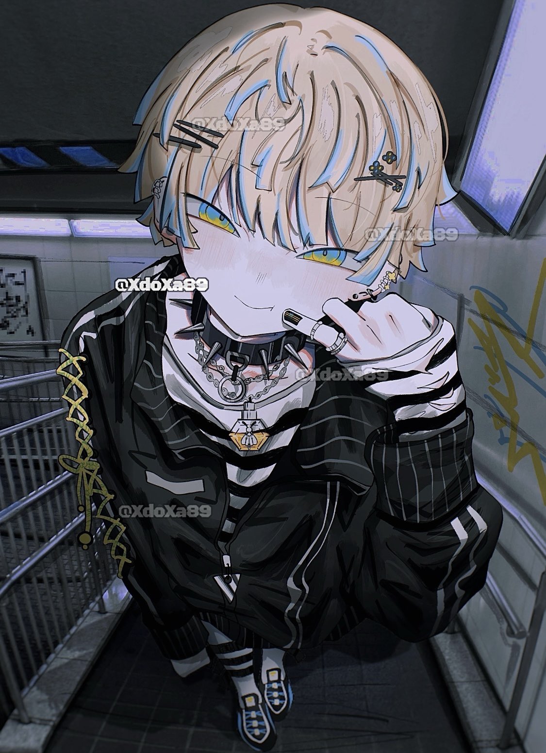 xdoxa89, hibachi mana, nijisanji, commentary, highres, symbol-only commentary, 1boy, alternate costume, artist name, black choker, black jacket, black nails, blonde hair, blue eyes, choker, closed mouth, collar, ear piercing, foreshortening, full body, hair between eyes, hair ornament, hairclip, jacket, jewelry, looking at viewer, male focus, multicolored hair, multiple rings, piercing, pinky out, ring, shirt, short hair, smile, solo, spiked collar, spikes, standing, streaked hair, striped clothes, striped shirt, virtual youtuber