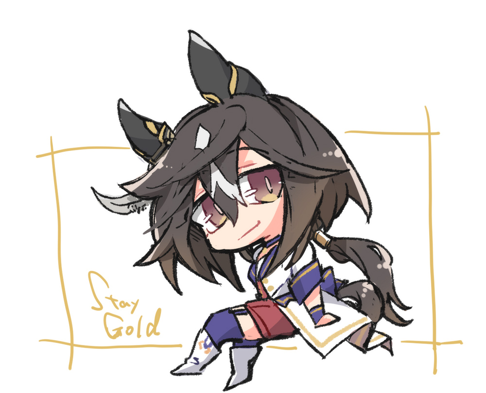 beer hsk, stay gold (umamusume), umamusume, commentary request, 1girl, animal ears, black hair, blue thighhighs, boots, brown eyes, character name, chibi, closed mouth, full body, garter straps, hair between eyes, horse ears, horse girl, horse tail, jacket, low ponytail, multicolored hair, ponytail, red shorts, shorts, sitting, smile, solo, starting future (umamusume), streaked hair, tail, thighhighs, thighhighs under boots, white background, white boots, white hair, white jacket, wrist cuffs