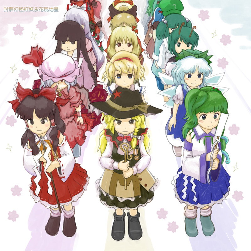 maku (artist), maku (wasabishock), alice margatroid, cirno, fujiwara no mokou, hakurei reimu, houraisan kaguya, kaenbyou rin, kagiyama hina, kawashiro nitori, kazami yuuka, kirisame marisa, kisume, kochiya sanae, kurodani yamame, medicine melancholy, onozuka komachi, remilia scarlet, rumia, wriggle nightbug, touhou, silver hair, md5 mismatch, resolution mismatch, source larger, 6+girls, animal ears, antennae, blonde hair, blue eyes, blue hair, blush stickers, bow, braid, brown eyes, brown hair, cat ears, color connection, detached sleeves, dress, frills, frog, gohei, green eyes, green hair, hair bobbles, hair bow, hair ornament, hair tubes, hairband, hat, ice, long hair, multiple girls, official style, parody, plaid clothes, plaid skirt, red eyes, ribbon, skirt, snake, star (symbol), style parody, twintails, two side up, ufo, wings, wrist cuffs, yellow eyes, zun (style)