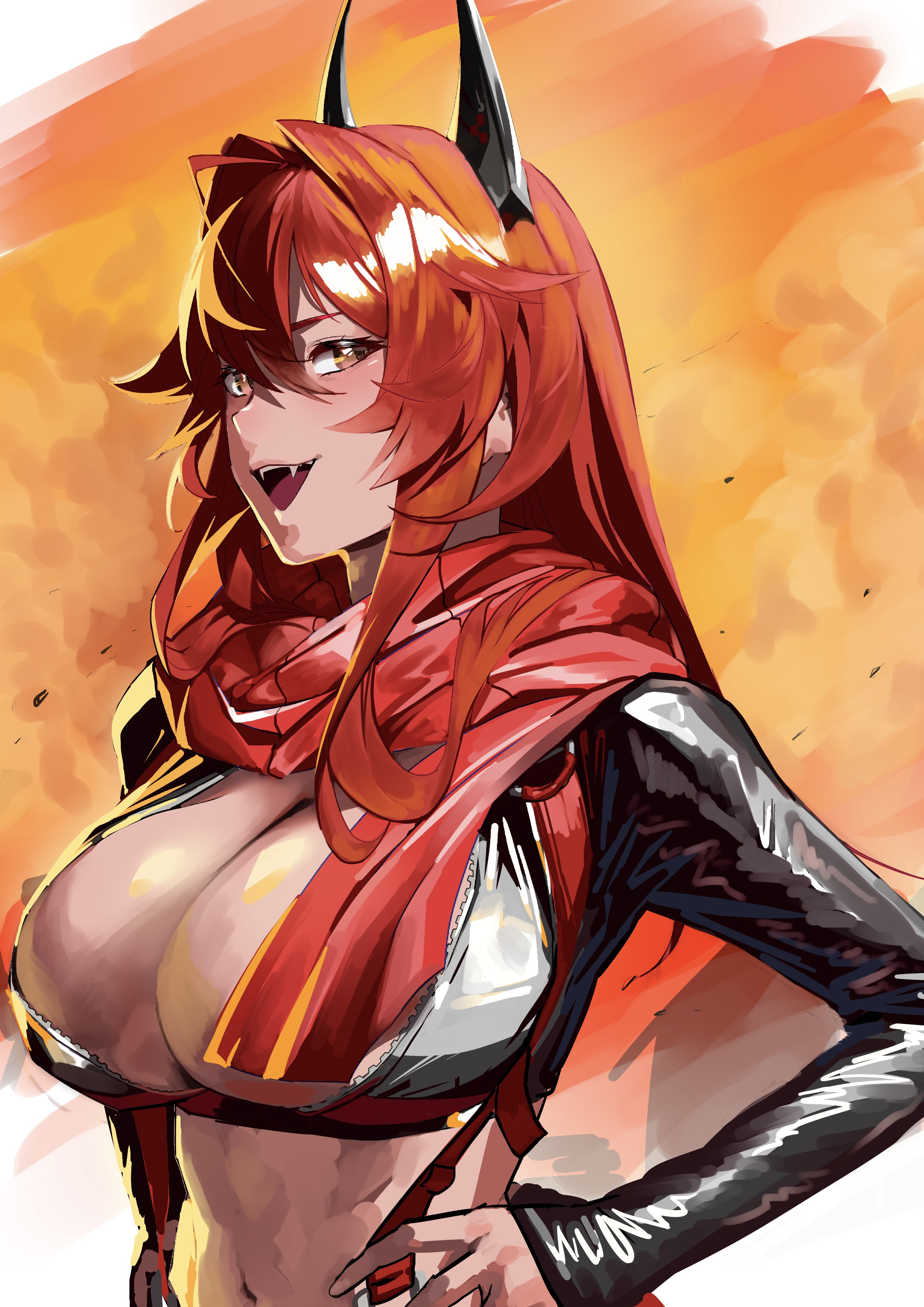 red hood (nikke), goddess of victory: nikke, absurdres, commentary, highres, 1girl, :d, antenna hair, black jacket, breasts, cleavage, cowboy shot, double-parted bangs, fangs, hair between eyes, hair flaps, hair intakes, hako age, hand on own hip, horns, jacket, large breasts, leather, leather jacket, long hair, long sleeves, looking at viewer, mechanical horns, midriff, navel, open mouth, red hair, red scarf, scarf, sidelocks, smile, solo, standing, suspenders, very long hair, yellow eyes