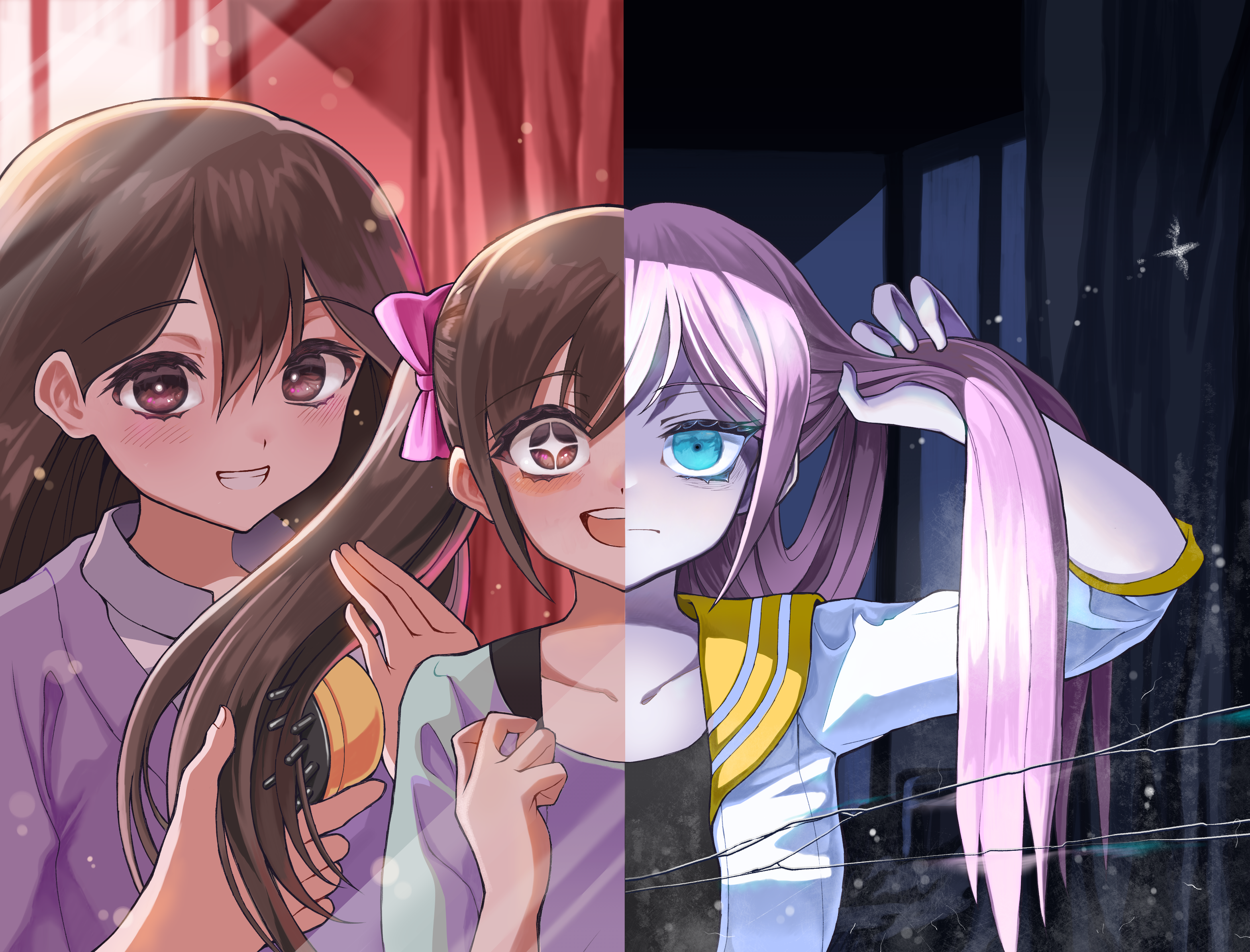 tsuno (ikkakusu), aubrey (faraway) (omori), aubrey (omori), mari (faraway) (omori), mari (omori), omori, commentary request, highres, + +, 2girls, age comparison, aged down, alternate costume, before and after, black eyes, black hair, blue eyes, blue shirt, blush, bow, bright pupils, closed mouth, double-parted bangs, grin, hair between eyes, hair bow, jacket, long hair, multiple girls, open clothes, open jacket, open mouth, pink bow, pink hair, shirt, short-sleeved jacket, short sleeves, smile, teeth, twintails, upper teeth only, white jacket, white pupils