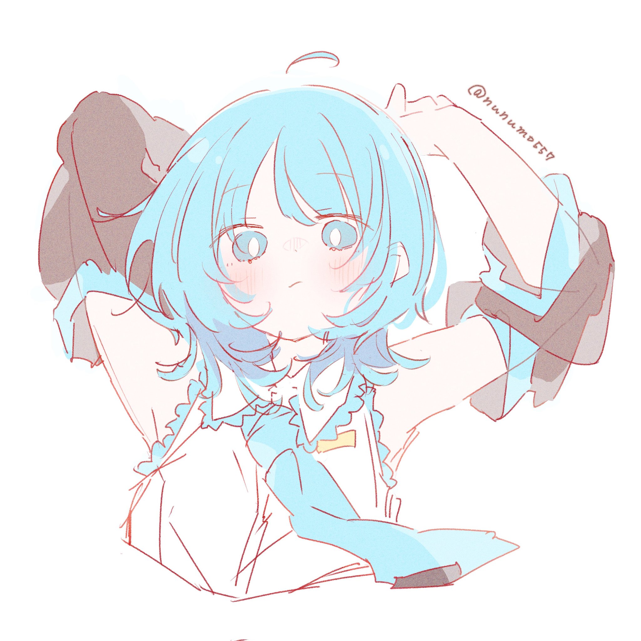 nunumo, hatsune miku, vocaloid, commentary request, highres, 1girl, ahoge, alternate hair length, alternate hairstyle, aqua necktie, arm behind head, armpits, arms behind head, arms up, black sleeves, blue eyes, blue hair, blue necktie, blush, bright pupils, closed mouth, collared shirt, cropped torso, detached sleeves, dot nose, frilled shirt, frills, looking at viewer, medium hair, necktie, shirt, simple background, sleeveless, sleeveless shirt, solo, twitter username, upper body, white background, white pupils, white shirt