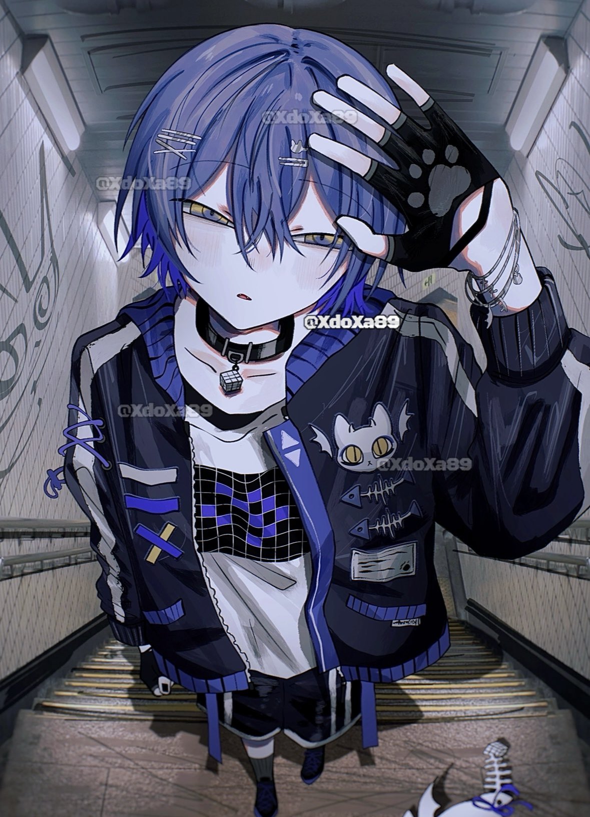 xdoxa89, koyanagi rou, nijisanji, highres, 1boy, alternate costume, arm up, black gloves, black shorts, blue hair, bracelet, fingerless gloves, foreshortening, full body, gloves, hair between eyes, hair ornament, hairclip, jacket, jewelry, long sleeves, looking at viewer, male focus, open clothes, open jacket, open mouth, print shirt, shirt, short hair, shorts, solo, virtual youtuber