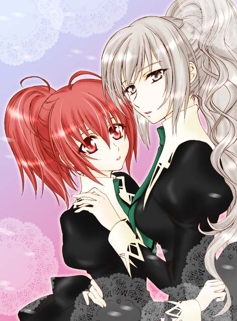 aoi nagisa, hanazono shizuma, strawberry panic!, silver hair, 00s, 2girls, multiple girls, ponytail, red hair