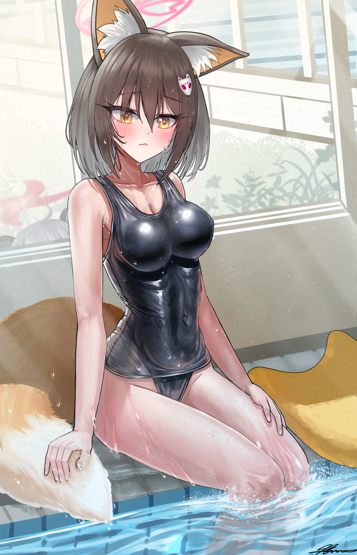 solharuu, izuna (blue archive), blue archive, commentary request, highres, korean commentary, 1girl, animal ears, bare shoulders, black one-piece swimsuit, breasts, brown hair, brown tail, covered navel, fox ears, fox girl, fox tail, hair between eyes, halo, looking at viewer, medium breasts, medium hair, one-piece swimsuit, pink halo, school swimsuit, solo, swimsuit, tail, thighs, yellow eyes