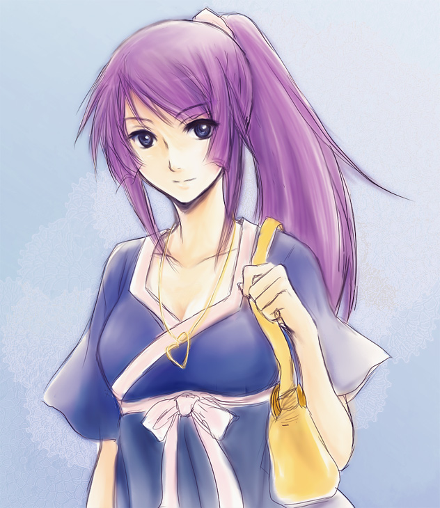 migihidari, senjougahara hitagi, bakemonogatari, monogatari (series), bad id, bad pixiv id, 00s, 1girl, bag, blue eyes, casual, female focus, handbag, jewelry, long hair, necklace, ponytail, purple hair, sketch, smile, solo
