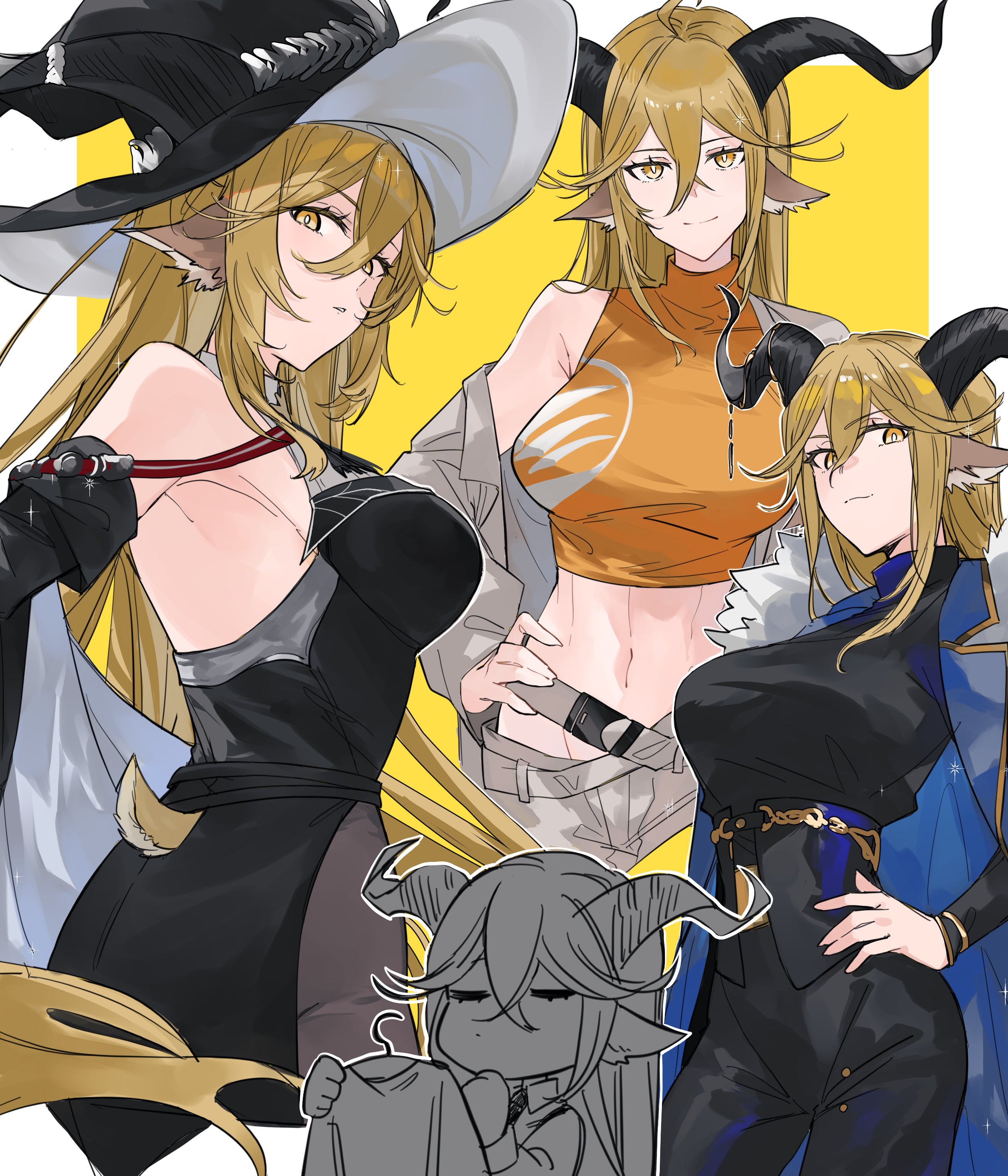 yakota (usuk-yako), degenbrecher (arknights), degenbrecher (the shadow of the dark moon) (arknights), arknights, absurdres, commentary request, highres, 1girl, animal ears, bare shoulders, blonde hair, crop top, detached sleeves, goat ears, goat girl, goat horns, goat tail, hair between eyes, hand on own hip, hat, horns, long hair, long sleeves, looking at viewer, multiple views, navel, off shoulder, official alternate costume, orange shirt, shirt, sleeveless, sleeveless shirt, solo, stomach, tail, witch hat, yellow eyes