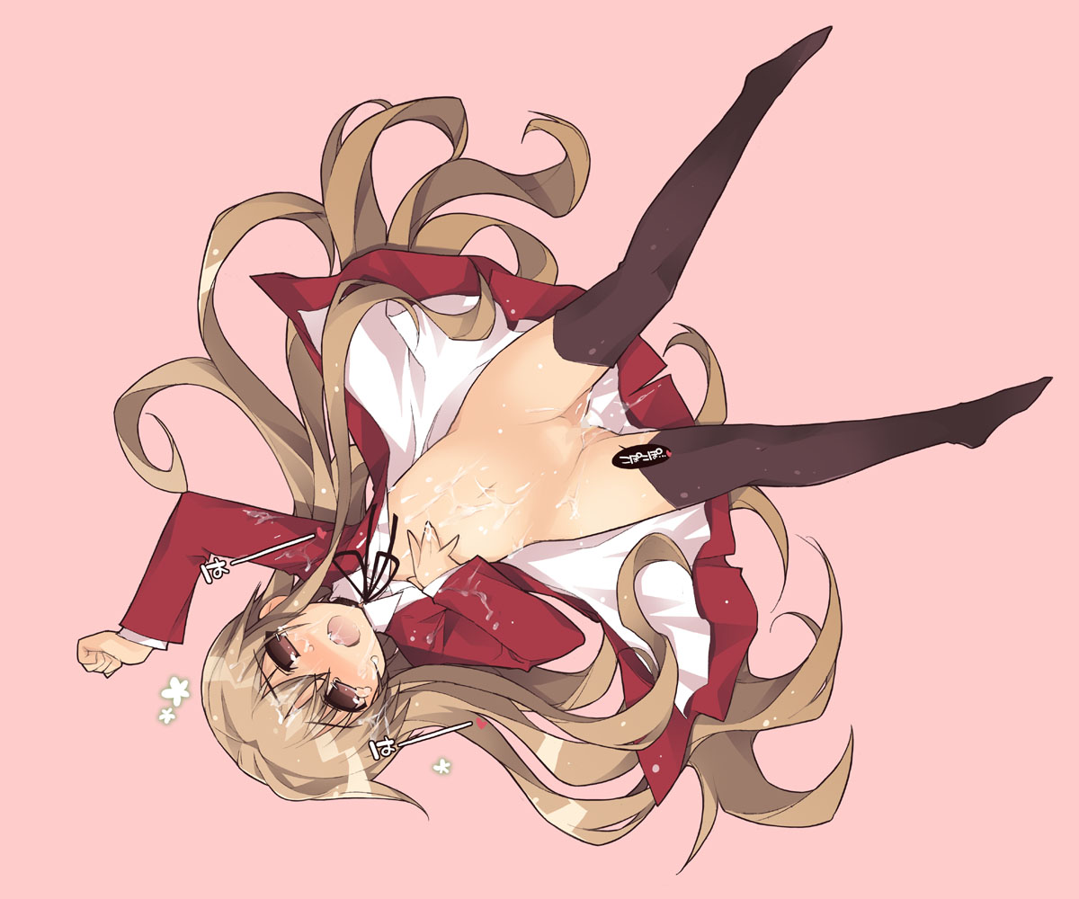 kotamaru (pajama soft), aisaka taiga, toradora!, 00s, 1girl, aftersex, breasts, brown eyes, brown hair, censored, cum, cum on body, cum on breasts, cum on clothes, cum on hair, cum on lower body, cum on upper body, facial, female focus, loli, long hair, navel, open mouth, solo, thighhighs, very long hair