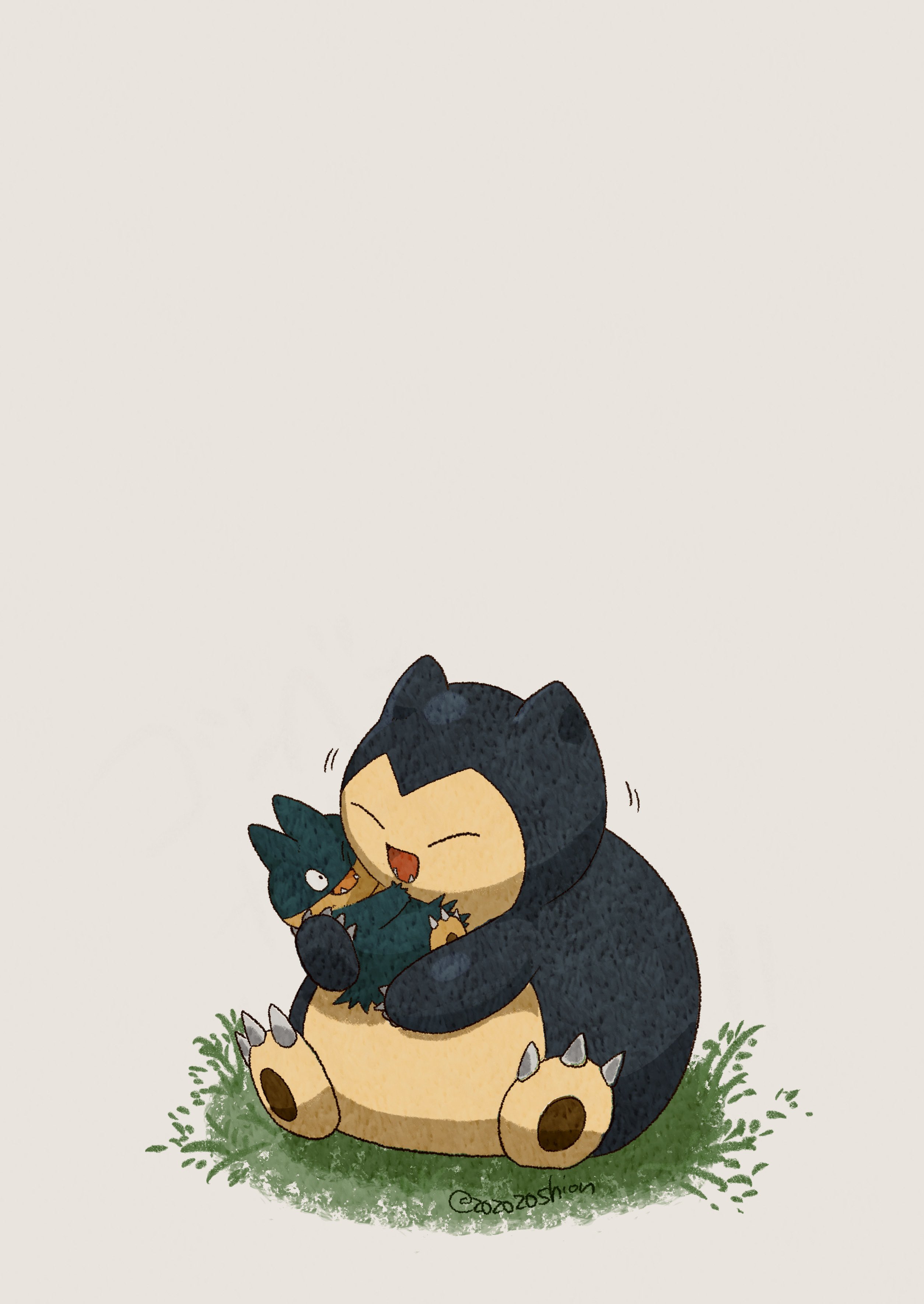 zozozoshion, munchlax, snorlax, nintendo, pokemon, absurdres, commentary request, highres, claws, closed eyes, evolutionary line, fangs, gen 1 pokemon, gen 4 pokemon, grass, no humans, open mouth, pokemon (creature), pokemon focus, simple background, sitting