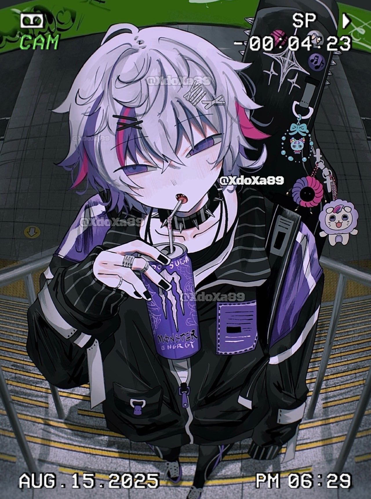 xdoxa89, fuwa minato, monster energy, nijisanji, commentary, highres, symbol-only commentary, 1boy, alternate costume, artist name, black jacket, black nails, can, charm (object), choker, dated, drinking straw, foreshortening, from above, full body, grey hair, hair between eyes, holding, holding can, instrument case, instrument case on back, jacket, jewelry, long sleeves, looking at viewer, male focus, multicolored hair, multiple rings, on stairs, open mouth, purple eyes, railing, ring, short hair, single sleeve past fingers, solo, spiked choker, spikes, standing, streaked hair, virtual youtuber