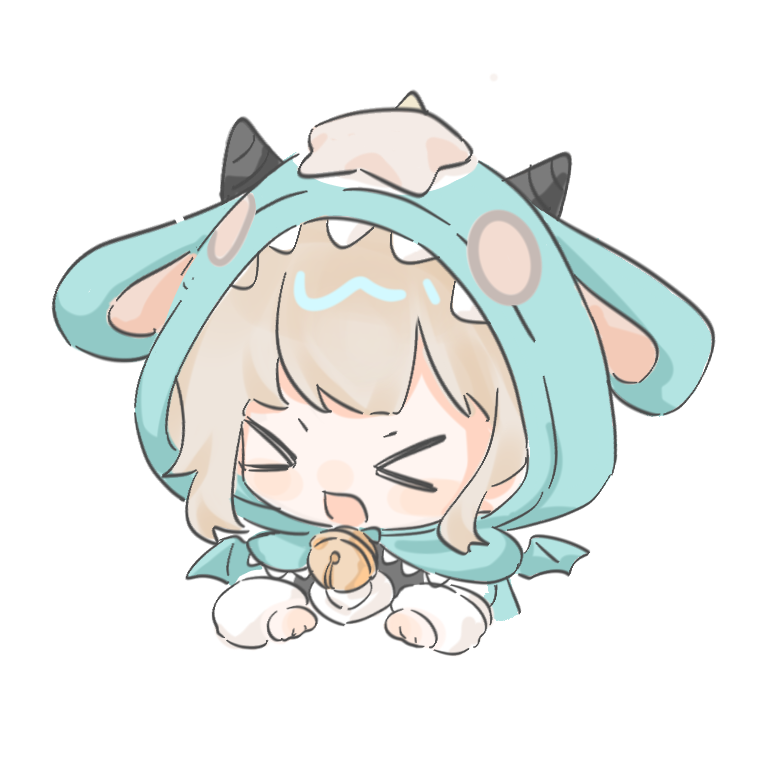 infinity nikki, nikki (series), chinese commentary, commentary request, > <, 1girl, animal costume, animal ear hood, animal ears, annoyed, aqua cloak, aqua wings, bell, black horns, black vest, blonde hair, chibi, clenched hands, cloak, cropped torso, deepwood dream (infinity nikki), dragon costume, dragon wings, fake animal ears, fake wings, hood, hood up, hooded cloak, horned hood, horns, light blush, long sleeves, lop rabbit ears, neck bell, open mouth, puffy long sleeves, puffy sleeves, rabbit ears, shirt, short hair, sidelocks, simple background, small horns, solo, vest, white background, white shirt, wings, yumo900044