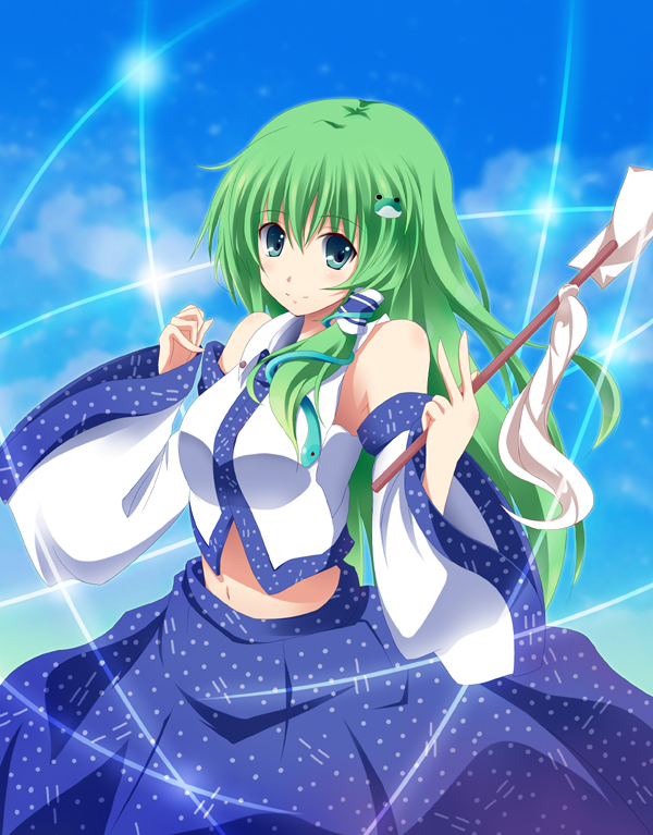 kurono yuzuko, yuuko (pixiv), kochiya sanae, touhou, bad id, bad pixiv id, 1girl, detached sleeves, female focus, frog, gohei, green eyes, green hair, hair ornament, long hair, matching hair/eyes, midriff, navel, oonusa, snake, solo