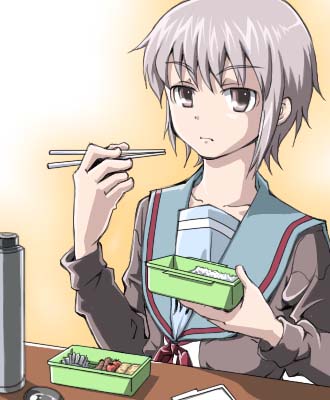 arakawa atsushi, nagato yuki, suzumiya haruhi no yuuutsu, eyebrows, lowres, 00s, 1girl, bento, bow, cardigan, chopsticks, eating, female focus, flask, food, gradient background, long sleeves, open cardigan, open clothes, purple hair, red bow, red ribbon, ribbon, rice, school uniform, serafuku, short hair, solo, thermos, upper body