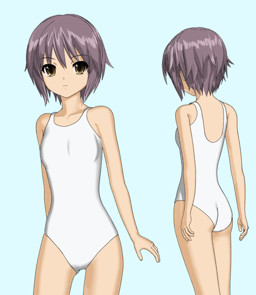 hokusen, nagato yuki, suzumiya haruhi no yuuutsu, 00s, 1girl, 3d, ass, cowboy shot, female focus, green eyes, multiple views, one-piece swimsuit, purple hair, short hair, simple background, standing, swimsuit, yellow eyes